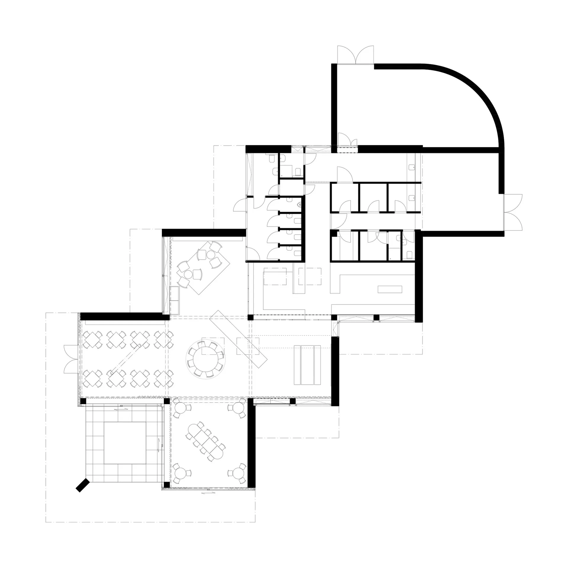 2D floor plan of a modern building with various rooms and spaces, featuring linework, labels, and measurements