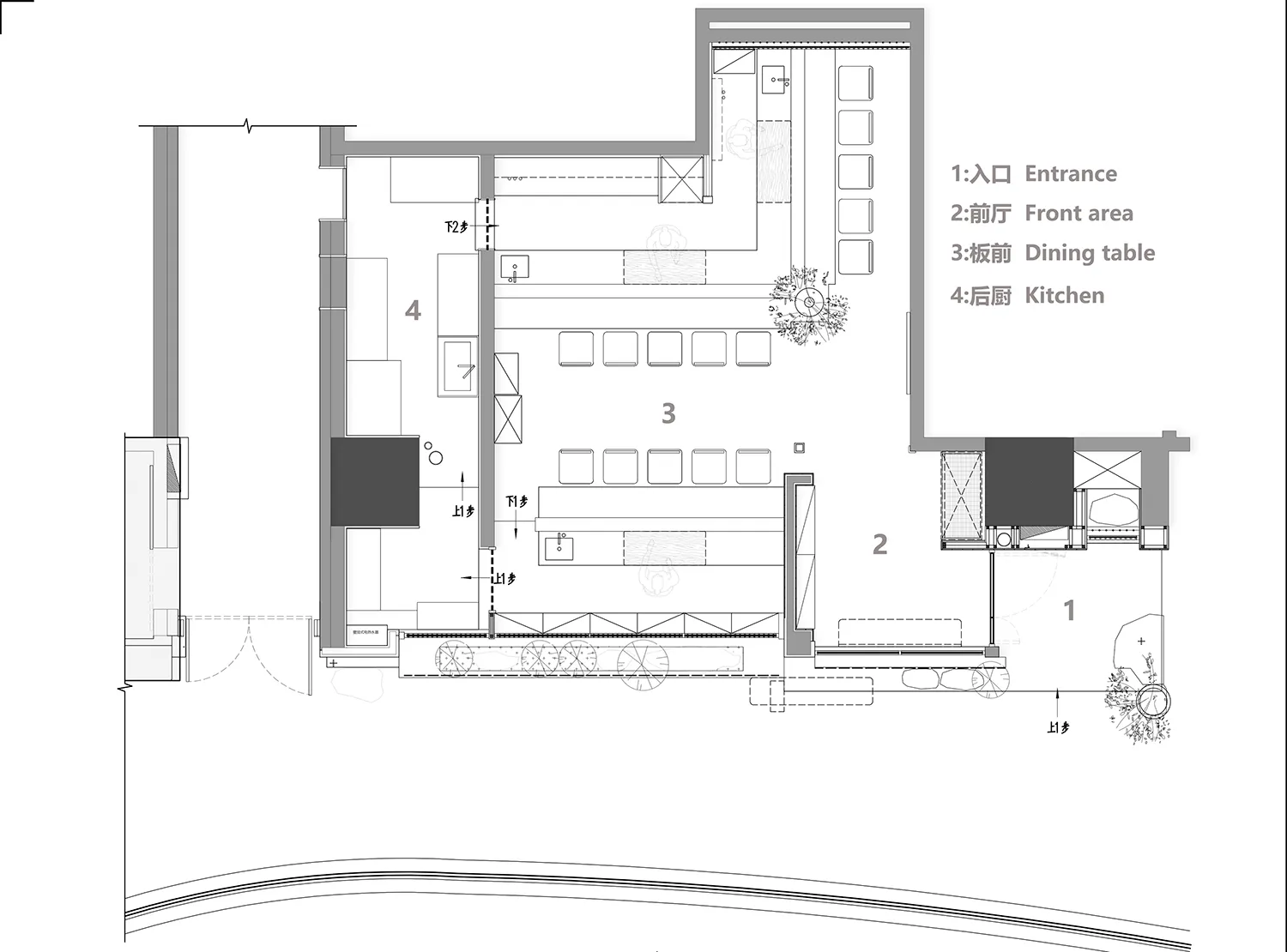 2D floor plan of a modern restaurant with multiple tables, chairs, and benches arranged in a dining area, featuring concrete walls and dim lighting