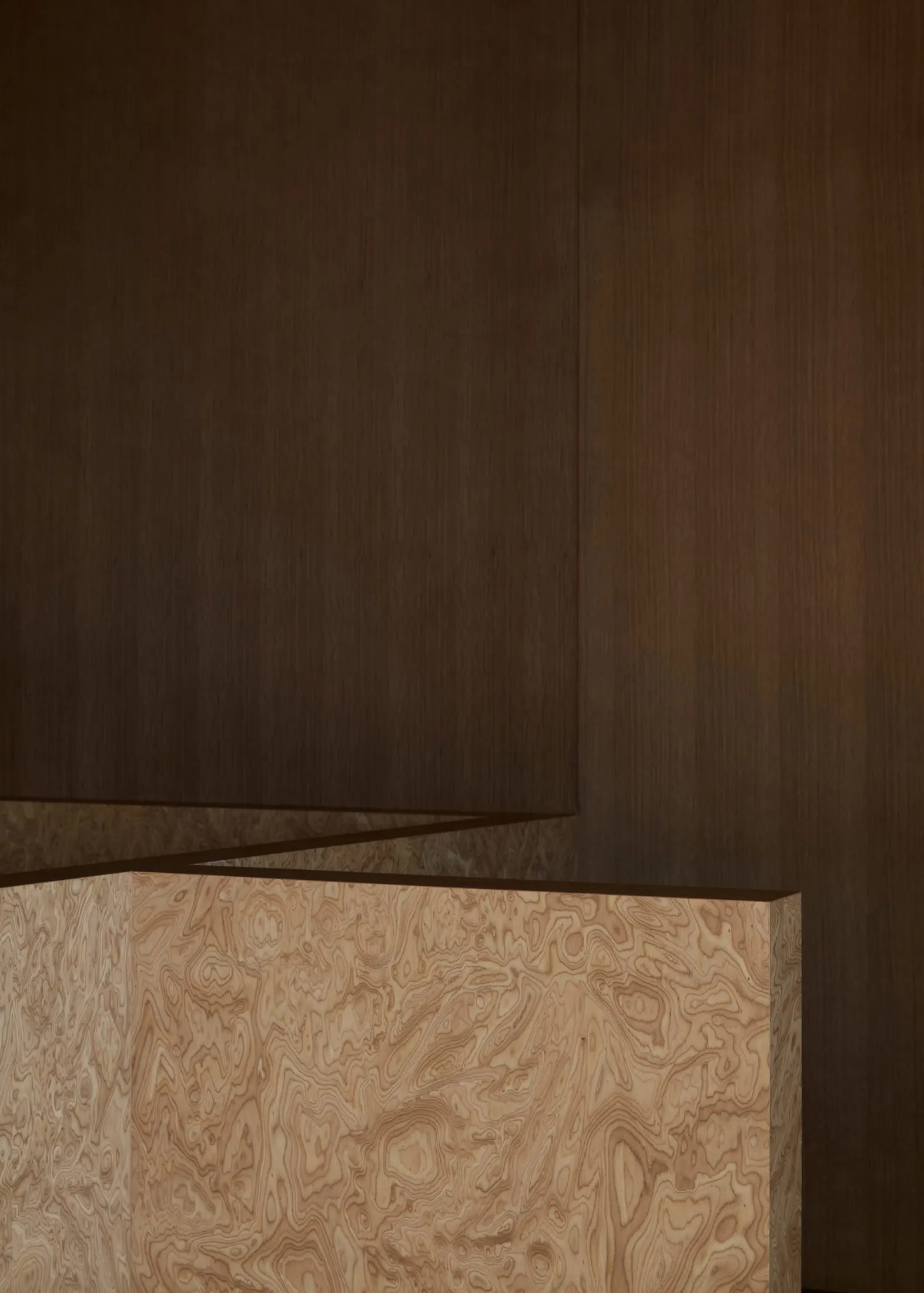 A cozy room with a wooden wall, brown wood finish, and steps leading up to a higher level, creating a warm and inviting atmosphere