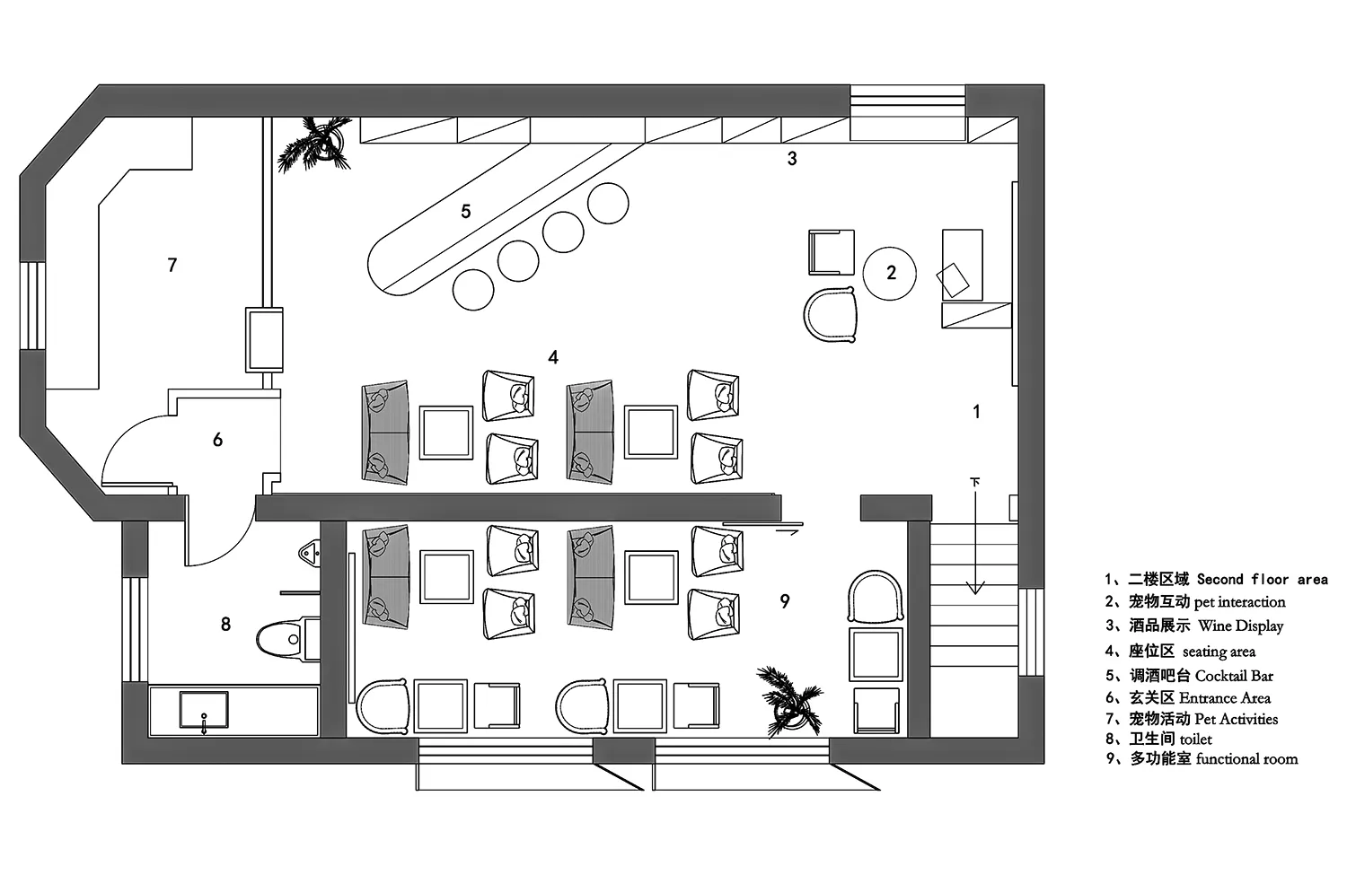 餐廳或公共空間內擺放各式椅子，營造溫馨親切的氛圍