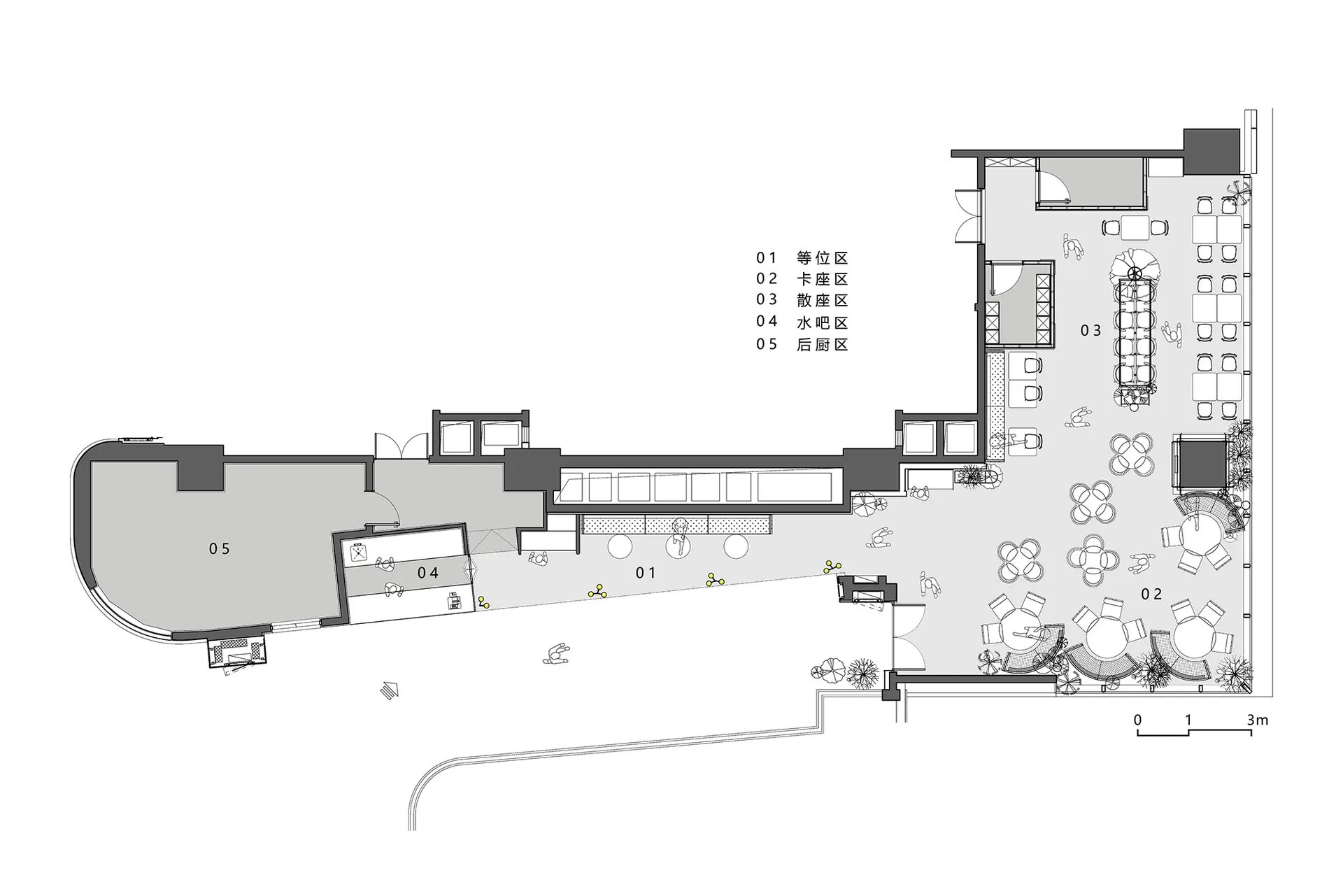 商業餐廳空間的 2D 平面圖，包含多桌椅、標註尺寸與線條細節