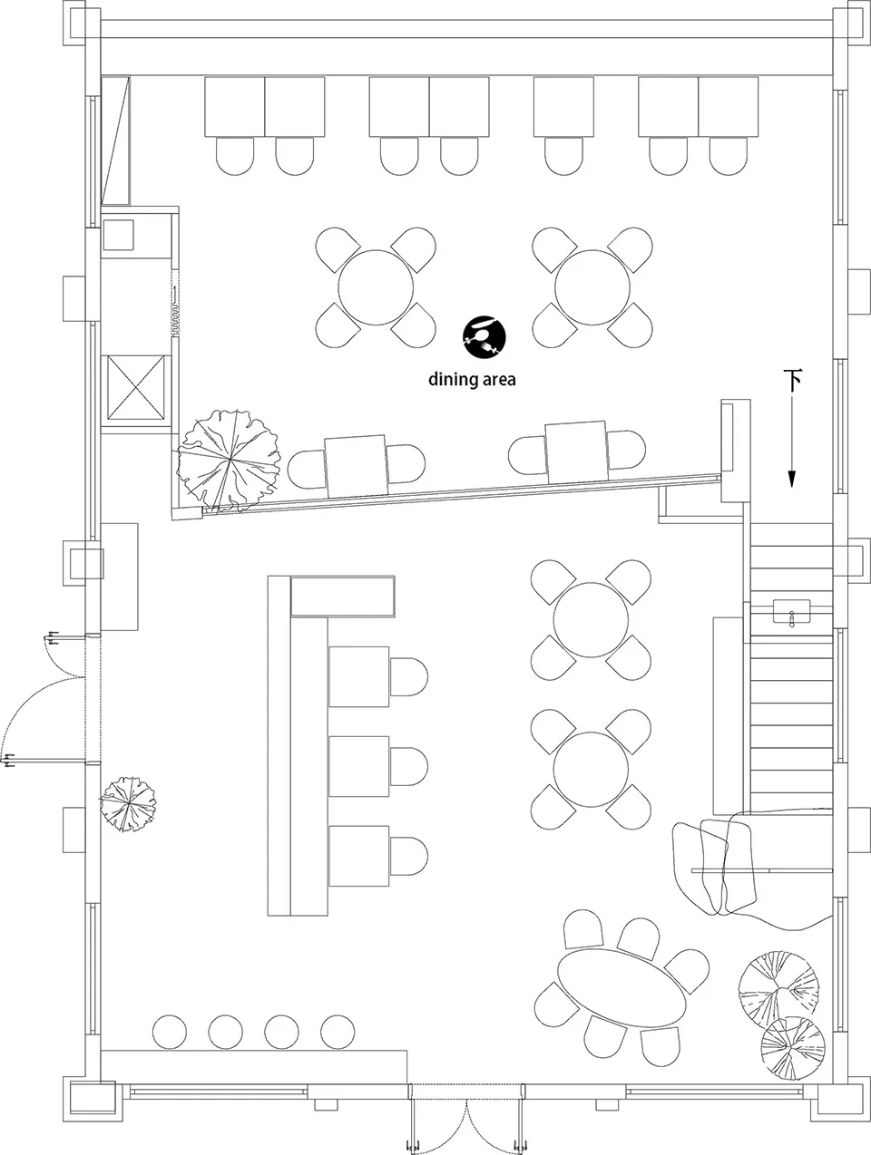 A modern dining space with multiple tables and chairs arranged in a functional layout, creating a comfortable atmosphere