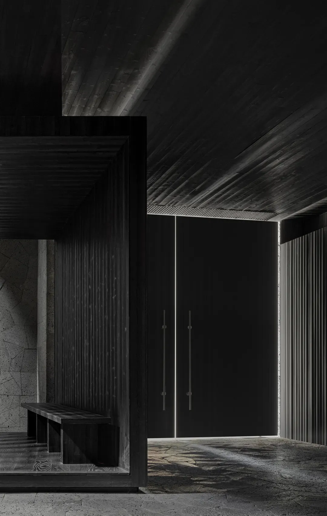 A dark hallway with a black door and a bench, creating a mysterious atmosphere