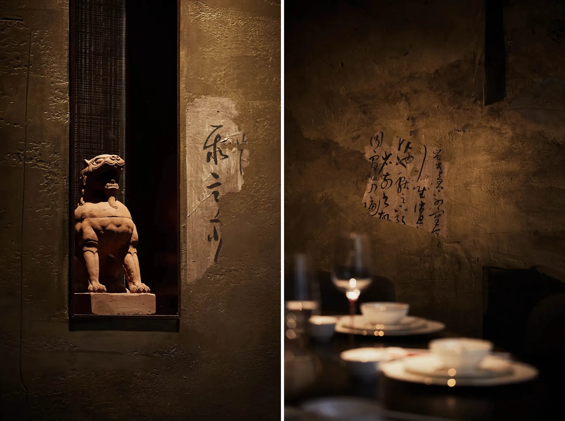 餐廳與廟宇場景，包含酒杯、杯子與獅子雕像，襯托文化背景