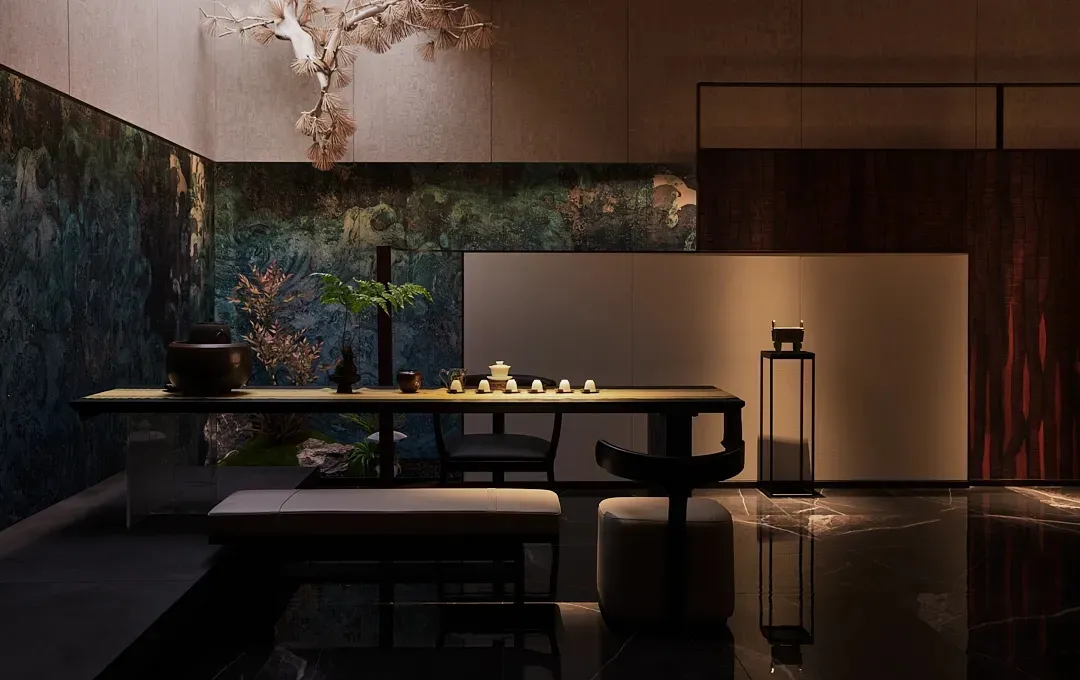 Elegant dining area with two chairs, a dining table, and a smaller table, surrounded by a minimalist space with a large window and natural light