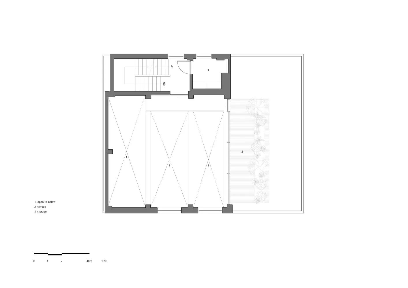 Architectural drawing of a well-planned residential home interior with a living area and kitchen, featuring walls, doors, windows, and stairs