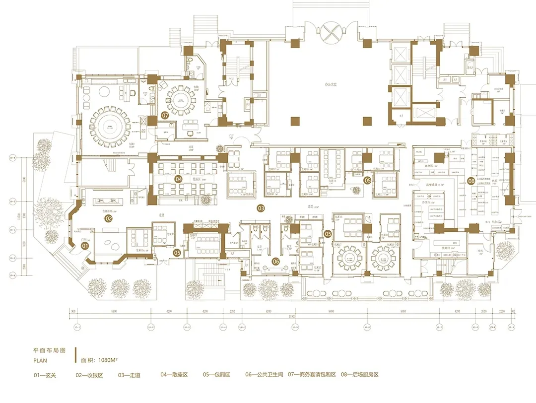 住宅建築的 2D 平面圖，標示各房間編號與尺寸，採用木頭與混凝土結構
