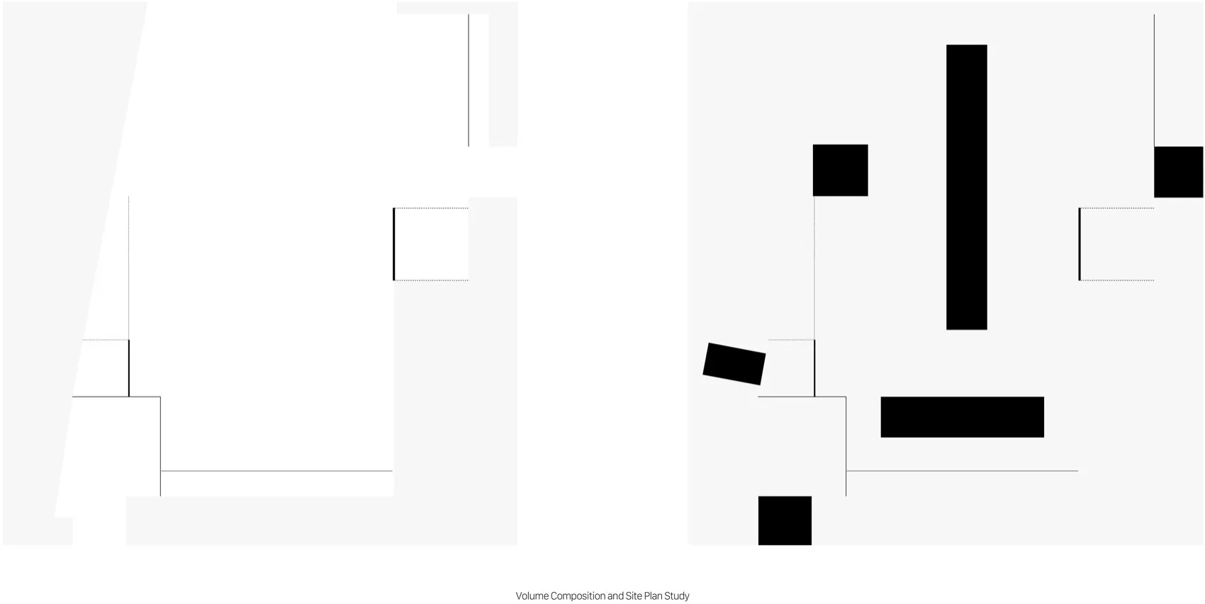 Black and white photo of a building's interior with a volume composition and site study overlay, showing design aspects and dimensions