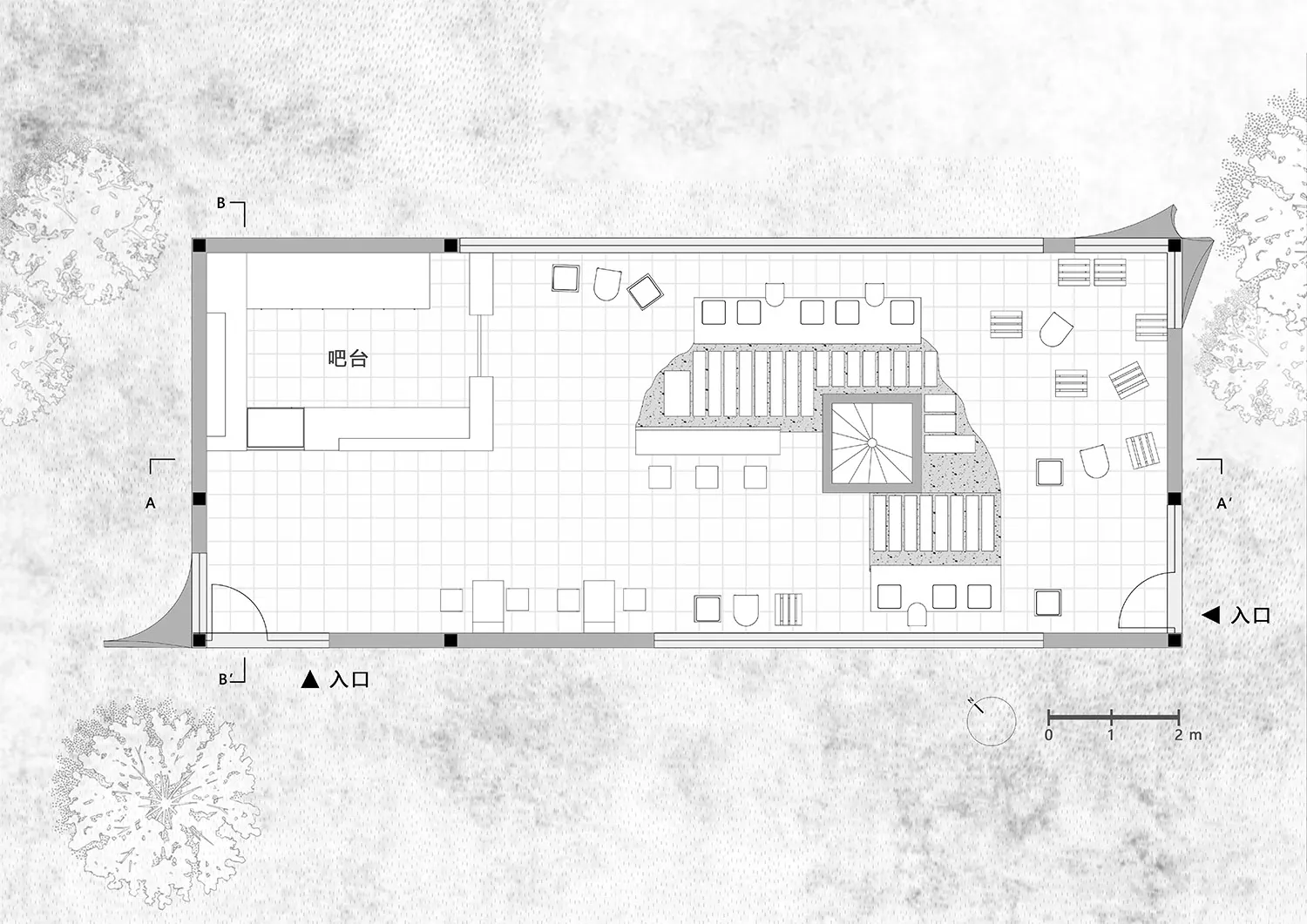 A clean and minimalistic lobby with white walls, a large window, and several chairs placed throughout the space
