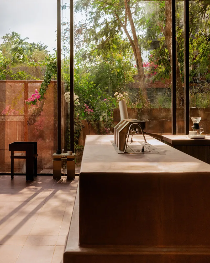 Open kitchen with a wooden countertop, two sinks, a large window, and potted plants