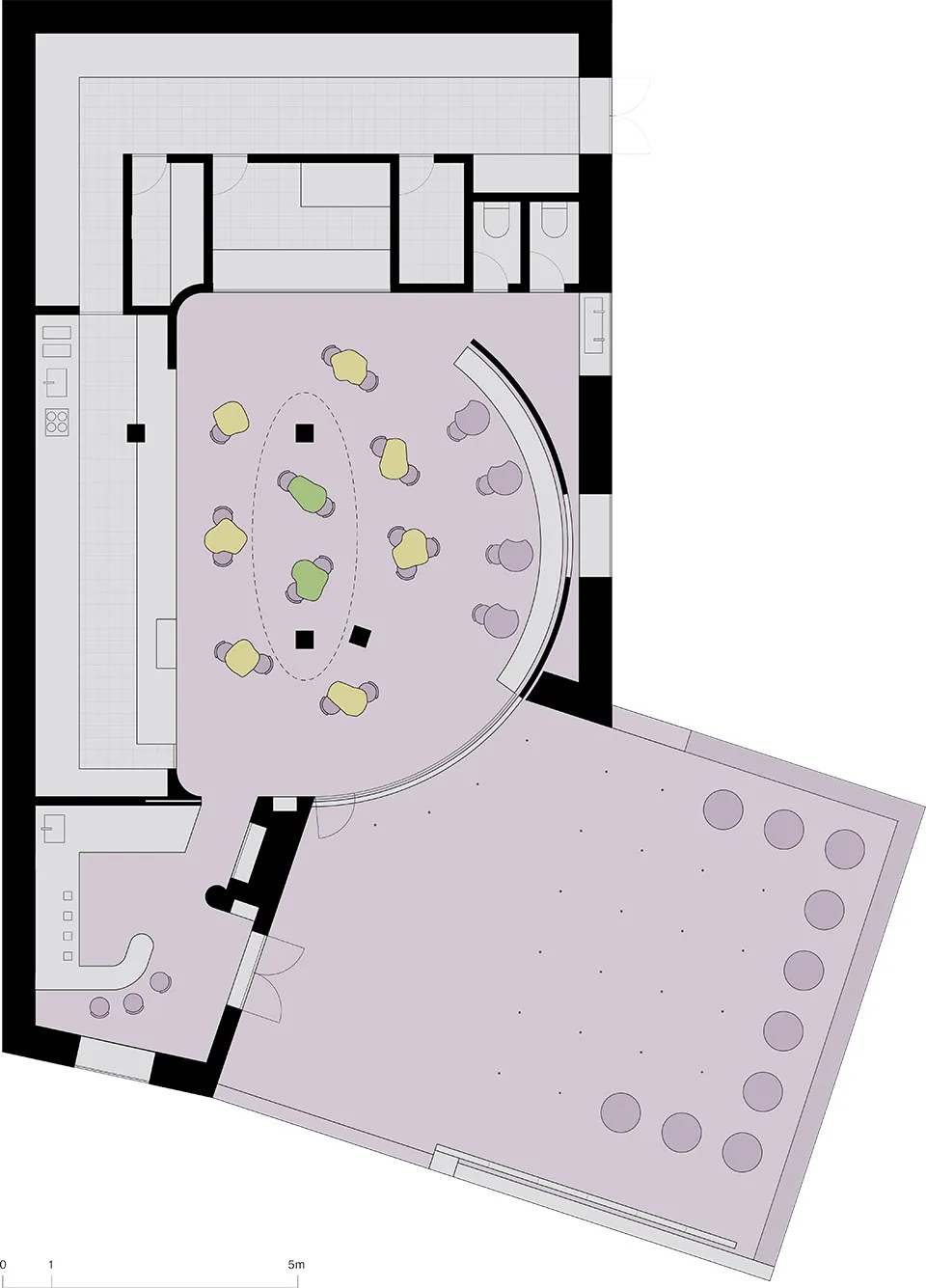A modern interior space with multiple seating areas, chairs, and a neutral color scheme of white and gray