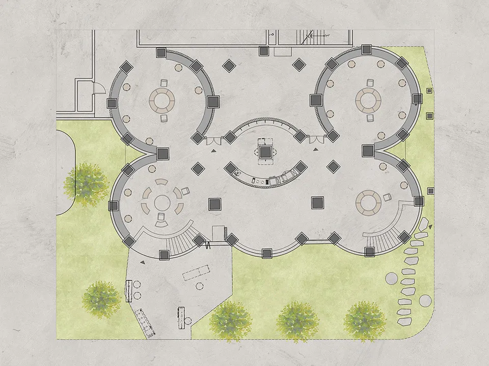 Inviting open space with a central circular design, chairs, and a focus on functionality and comfort