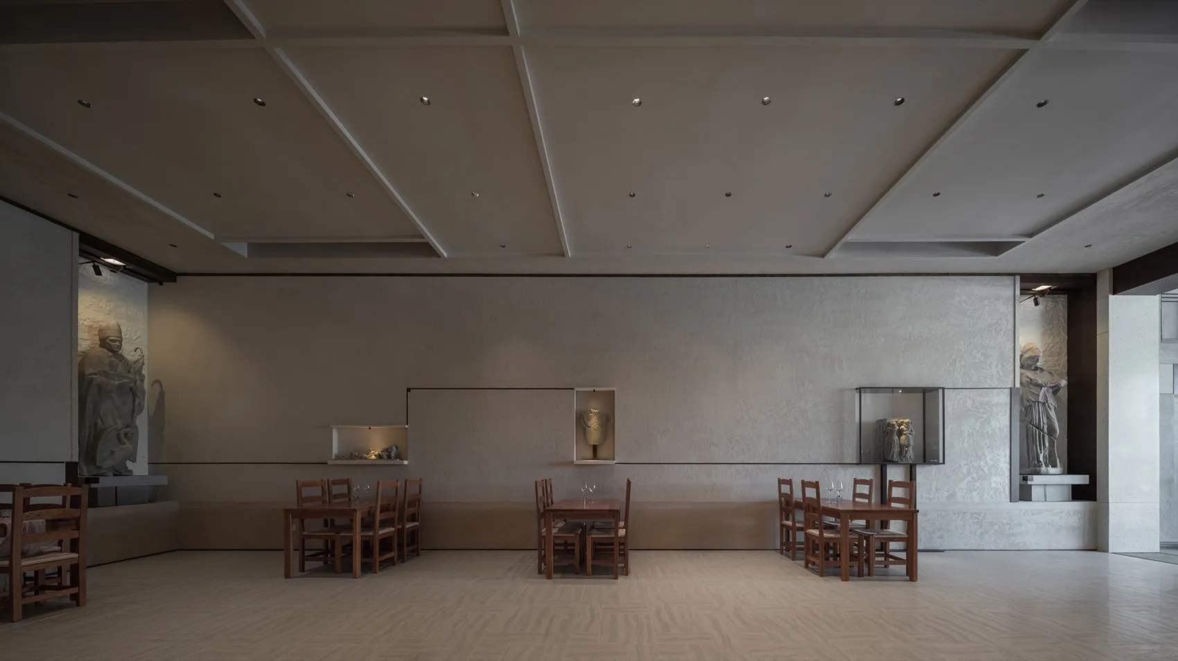 Empty restaurant with wooden tables and chairs, clean and well-organized, ready for customers