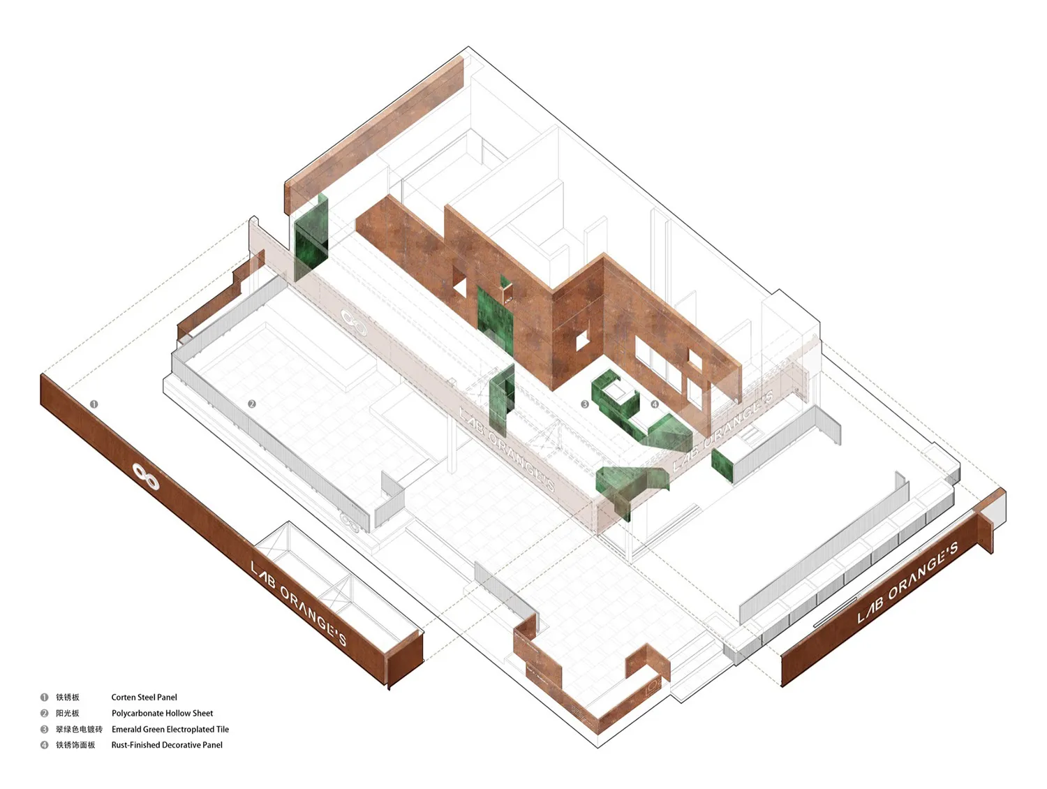 2D floor plan of a mixed-style home with wooden paneling, featuring a dining area, living room, and bedroom