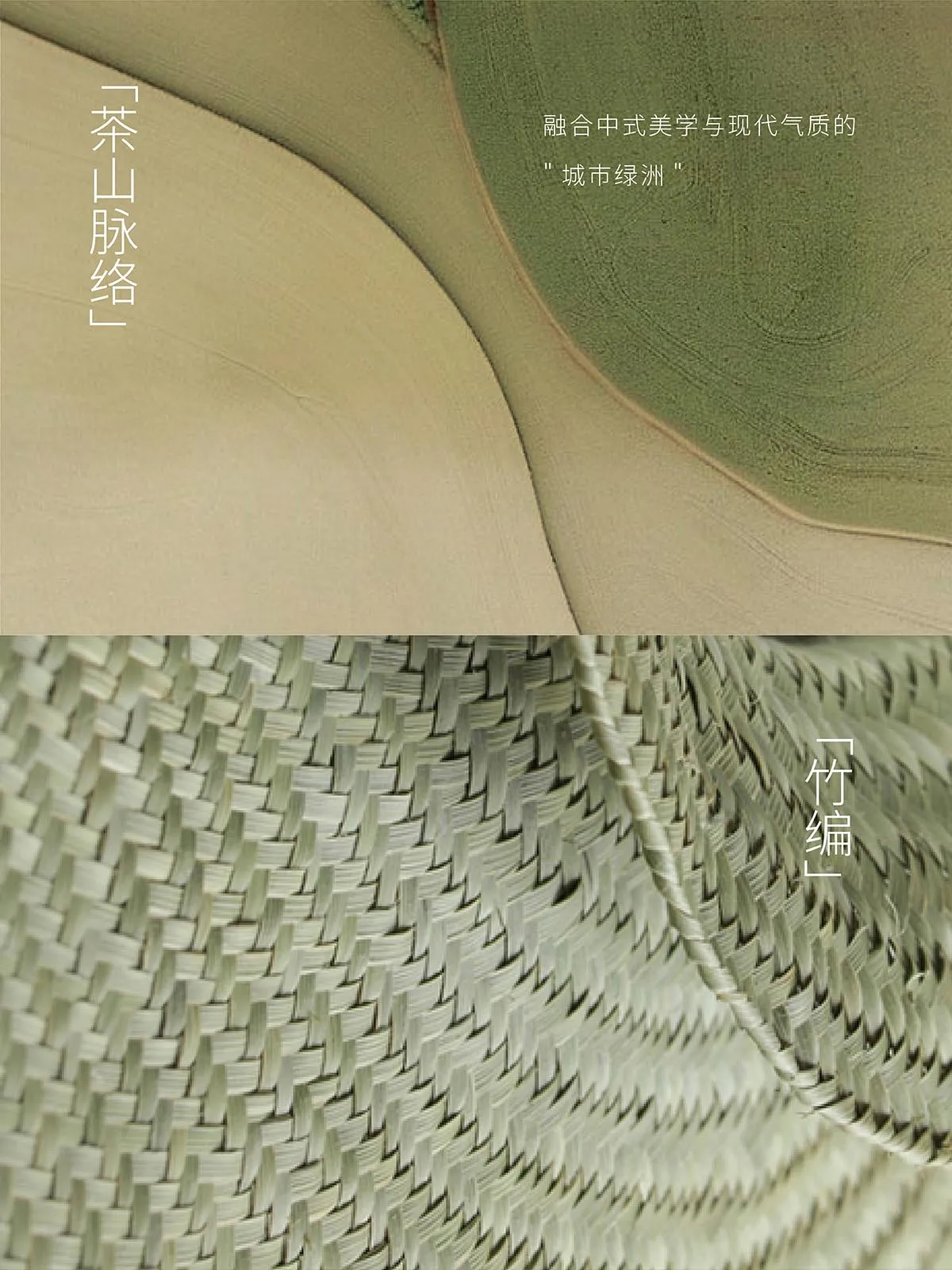 A harmonious blend of nature and modernity in an Asian-style interior design featuring a green bamboo wall with a woven pattern