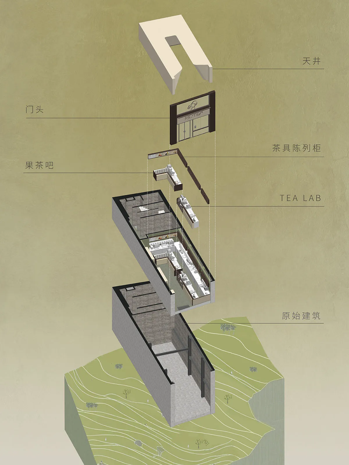 現代建築多層樓的 2D 樓層平面圖，顯示各式房間與空間，包括廚房與餐廳區域