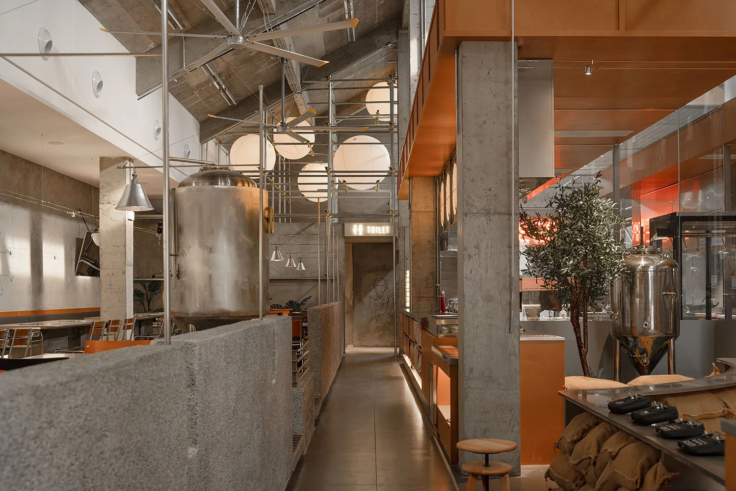 Industrial kitchen with concrete walls and floors, featuring a dining table, appliances, and potted plants, with multiple overhead lights providing illumination