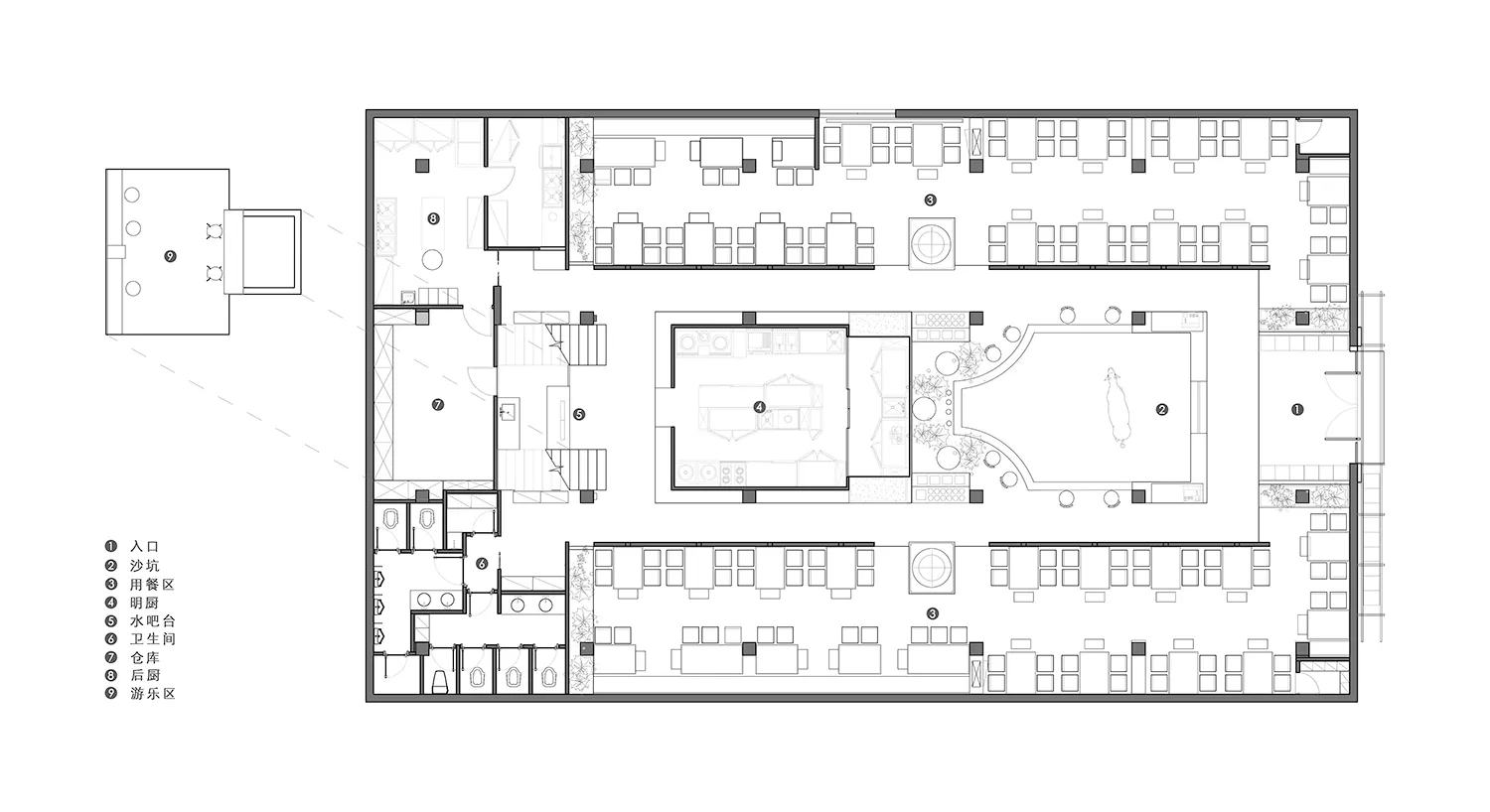 Modern hotel lobby with multiple seating areas, dining tables, chairs, and a well-organized layout