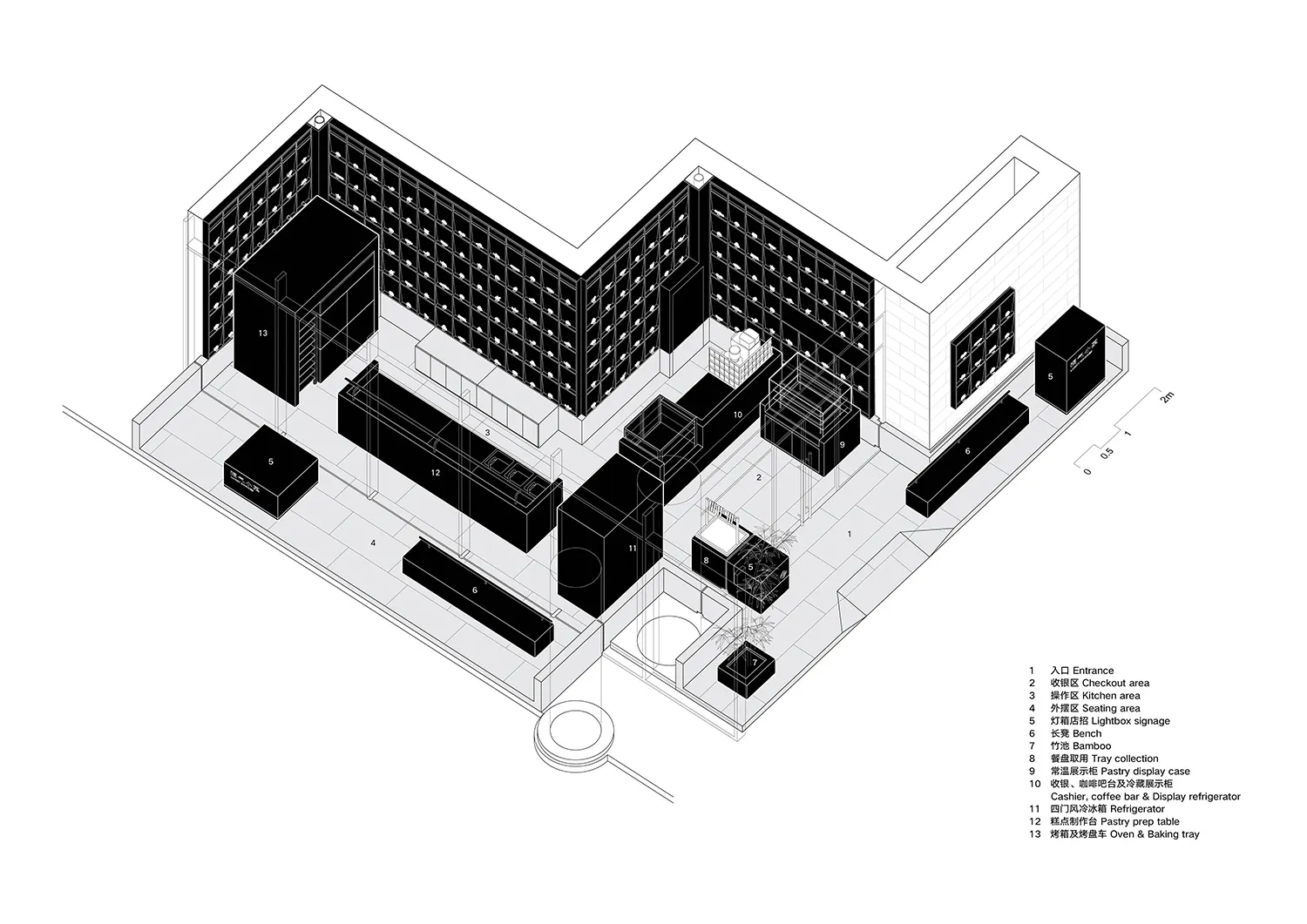 現代建築的 2D 平面圖，包含多個房間、乾淨線條與開放空間，採用混凝土與鋼材