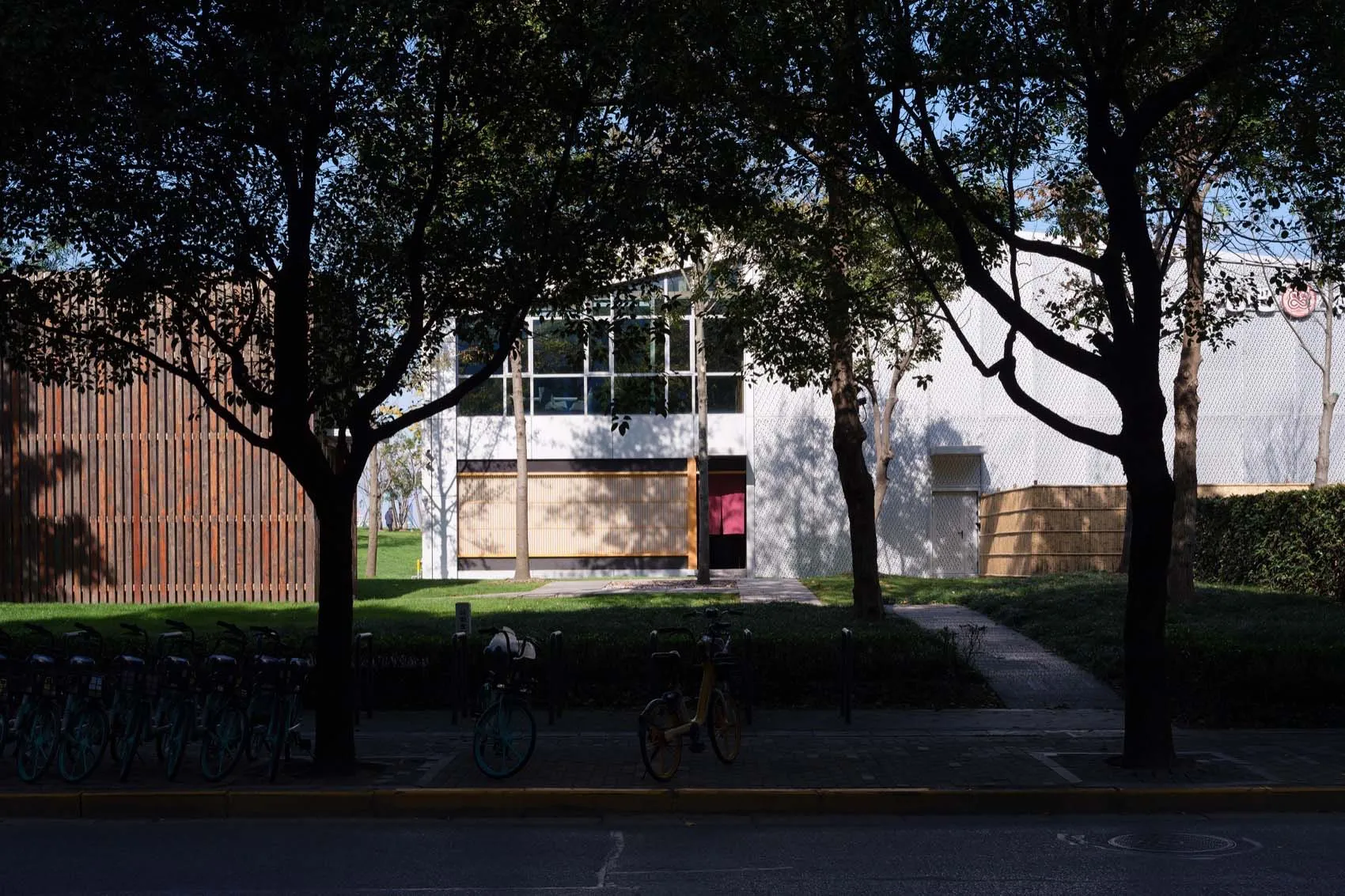 Modern building with a large window, surrounded by trees and bicycles, in a urban setting