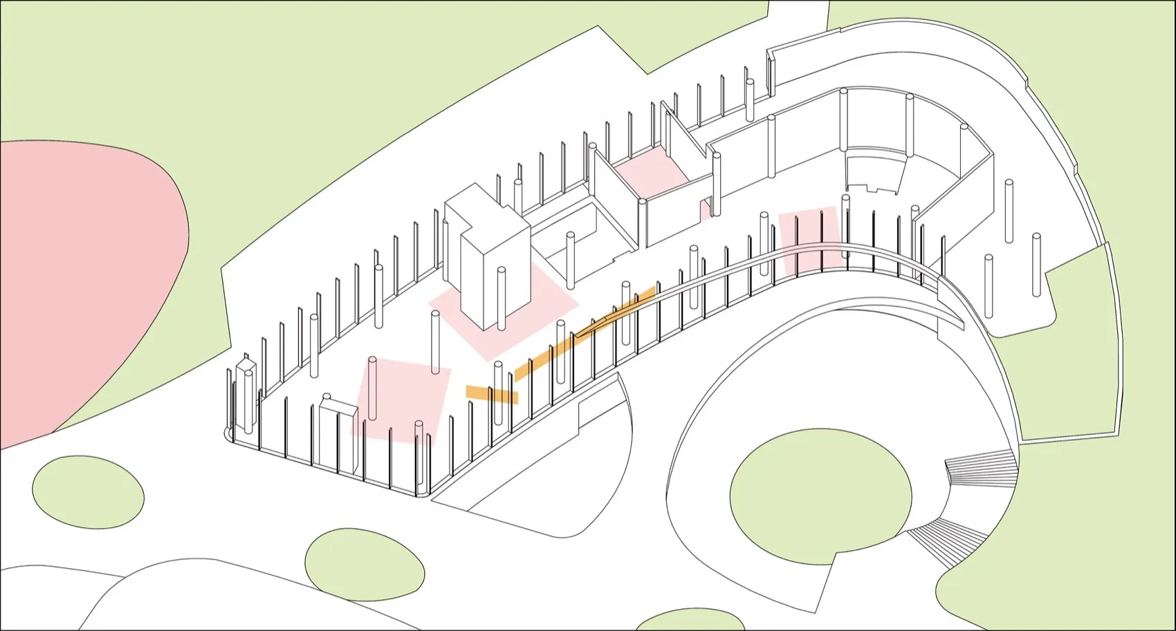 A spacious interior space with white walls, columns, and a fence, featuring a clean and bright atmosphere