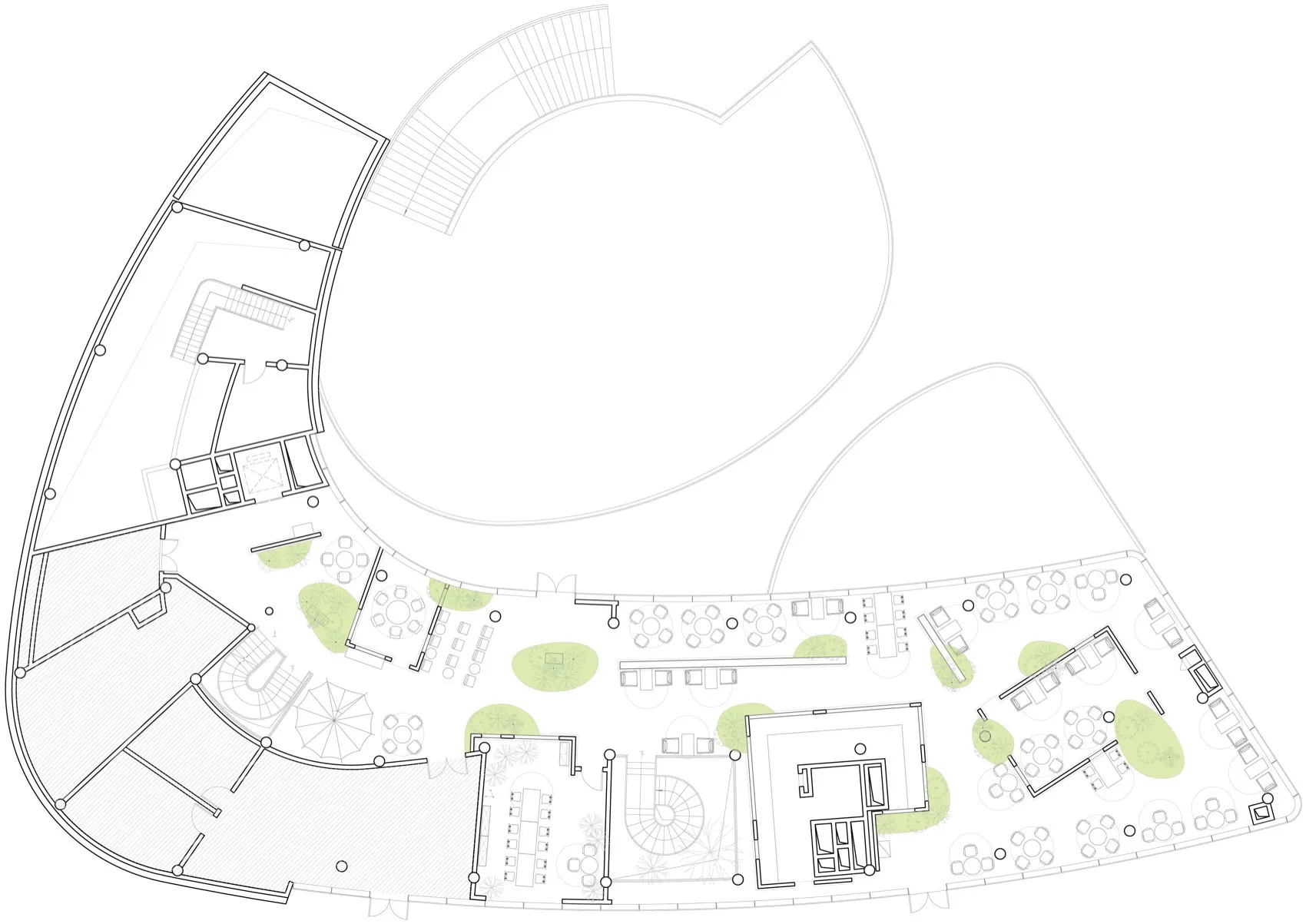 A modern interior space with various rooms and spaces, featuring a mix of dining, living, and office areas, with a focus on efficient use of space and aesthetically pleasing elements