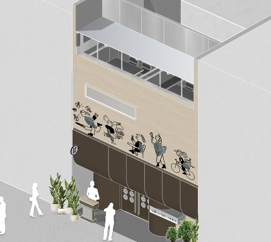 A commercial building with a wooden facade, featuring a staircase, doorway, and window, surrounded by potted plants, conveying a sense of design and functionality