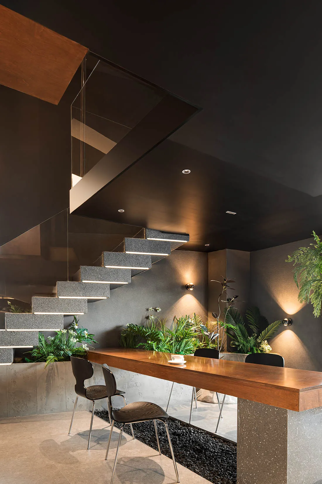 A minimalist living space with a concrete staircase, two chairs, and potted plants, giving a modern and functional feel