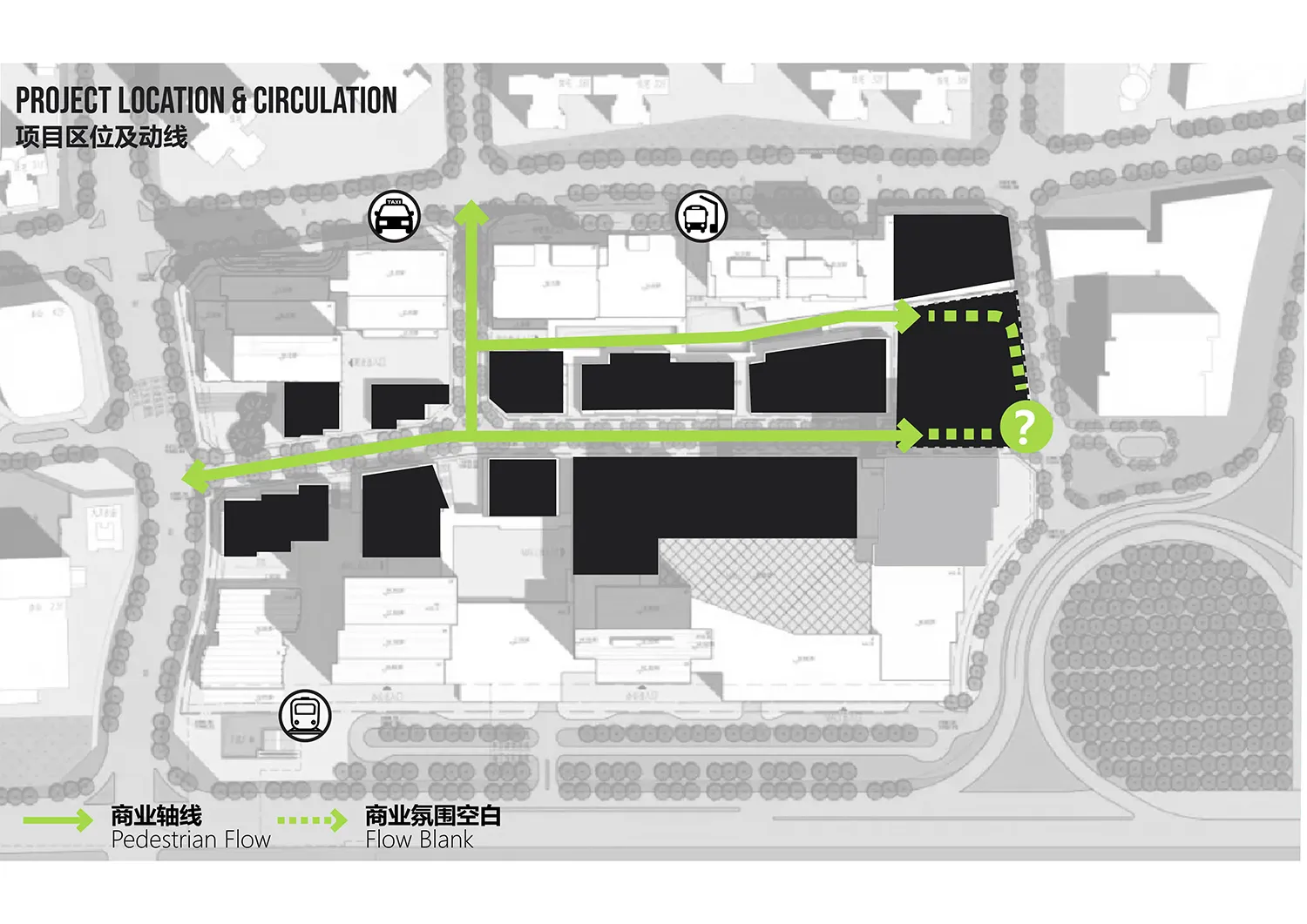 Black and white floor plan of a shopping center with various rooms and spaces, including a parking area, with natural light coming through windows or skylights