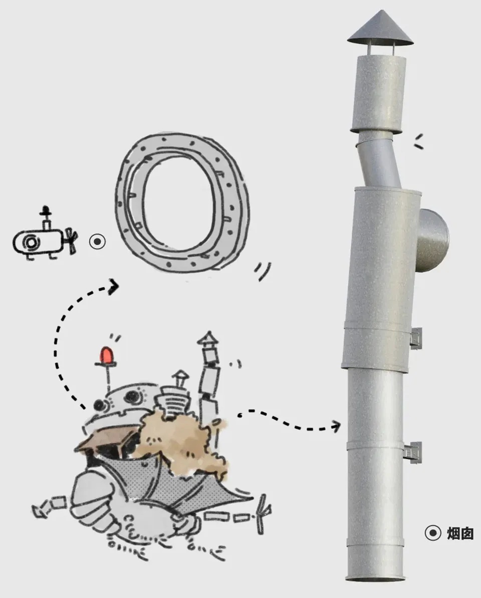 A robot in a futuristic setting with a clock, chair, sink, and bottle in a modern interior space