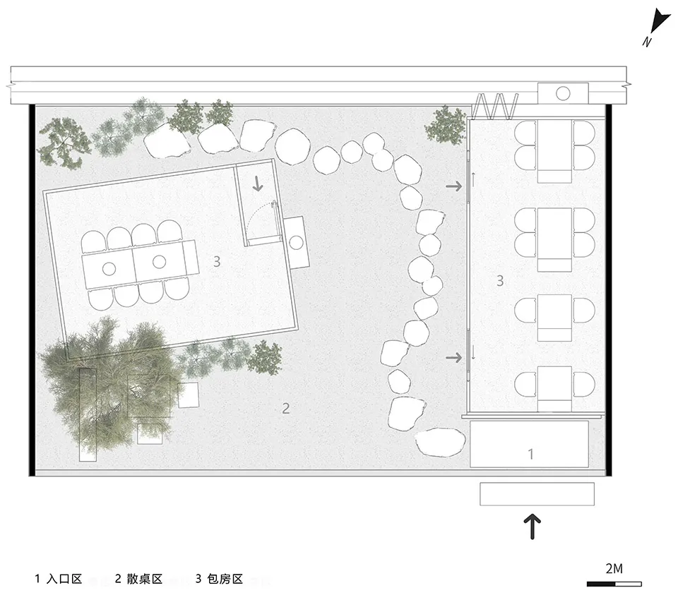 A welcoming open space with chairs, dining tables, potted plants, and vases, creating a cozy atmosphere