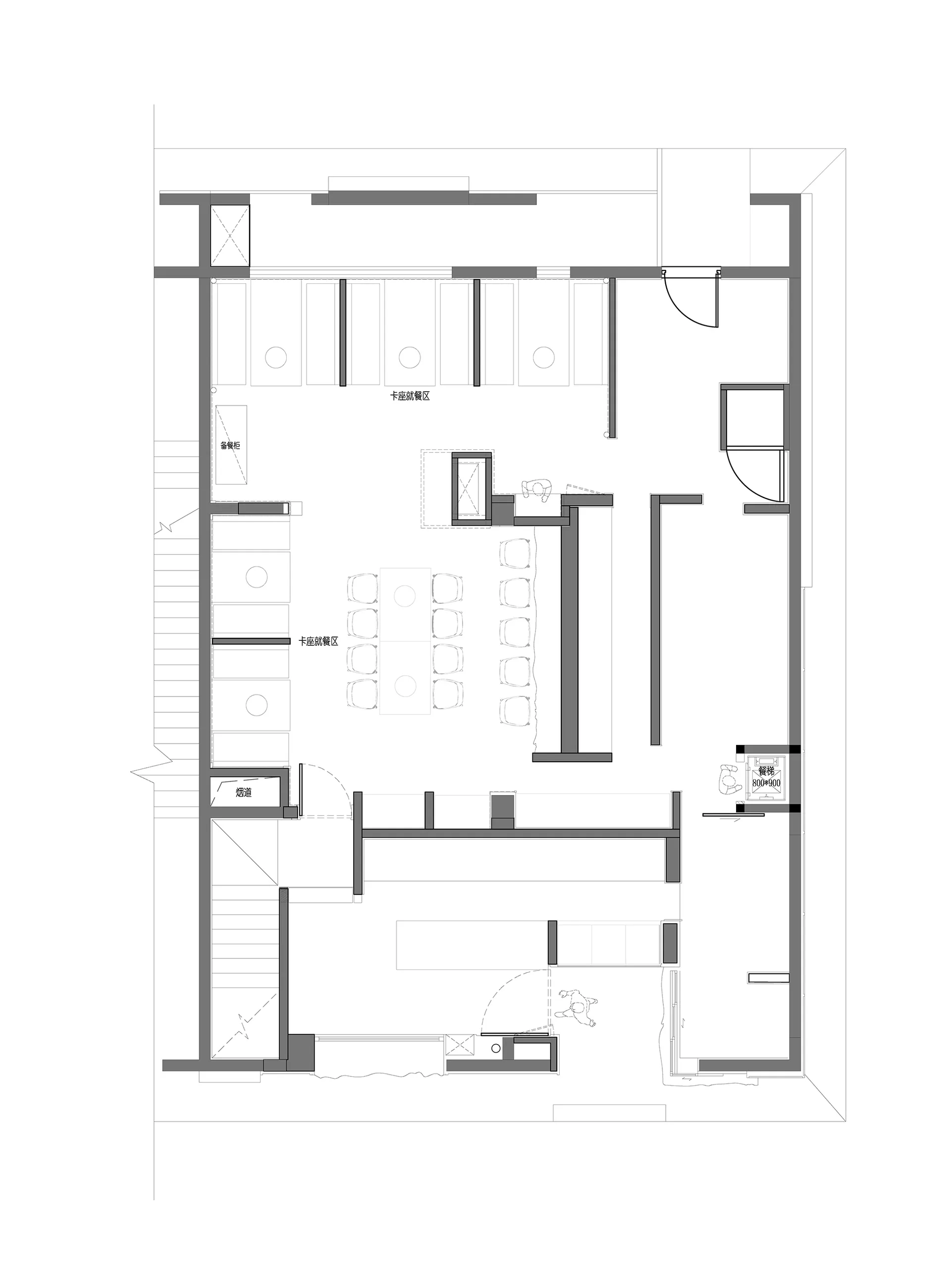 A 2D floor plan showing a multi-level residential space with open areas and smaller rooms, featuring linework, labels, and a well-planned layout