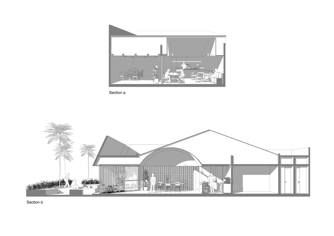 住宅建築渲染圖，包含兩個分區、椅凳、餐桌，以及室內空間各處的盆栽植物