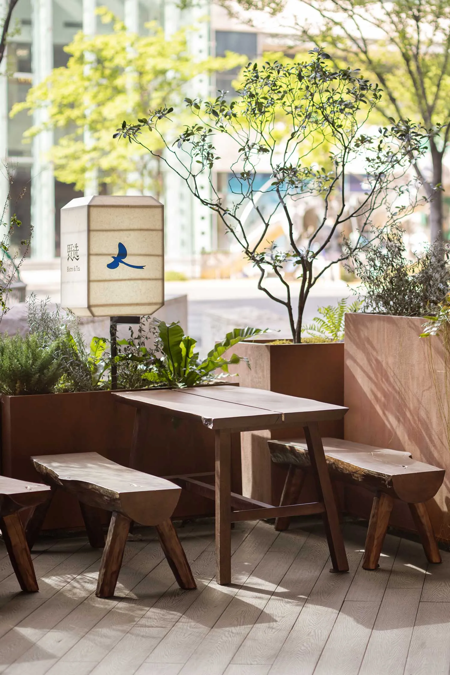 A semi-circular seating arrangement of wooden tables and benches creates a warm and inviting outdoor dining area for socializing and relaxation
