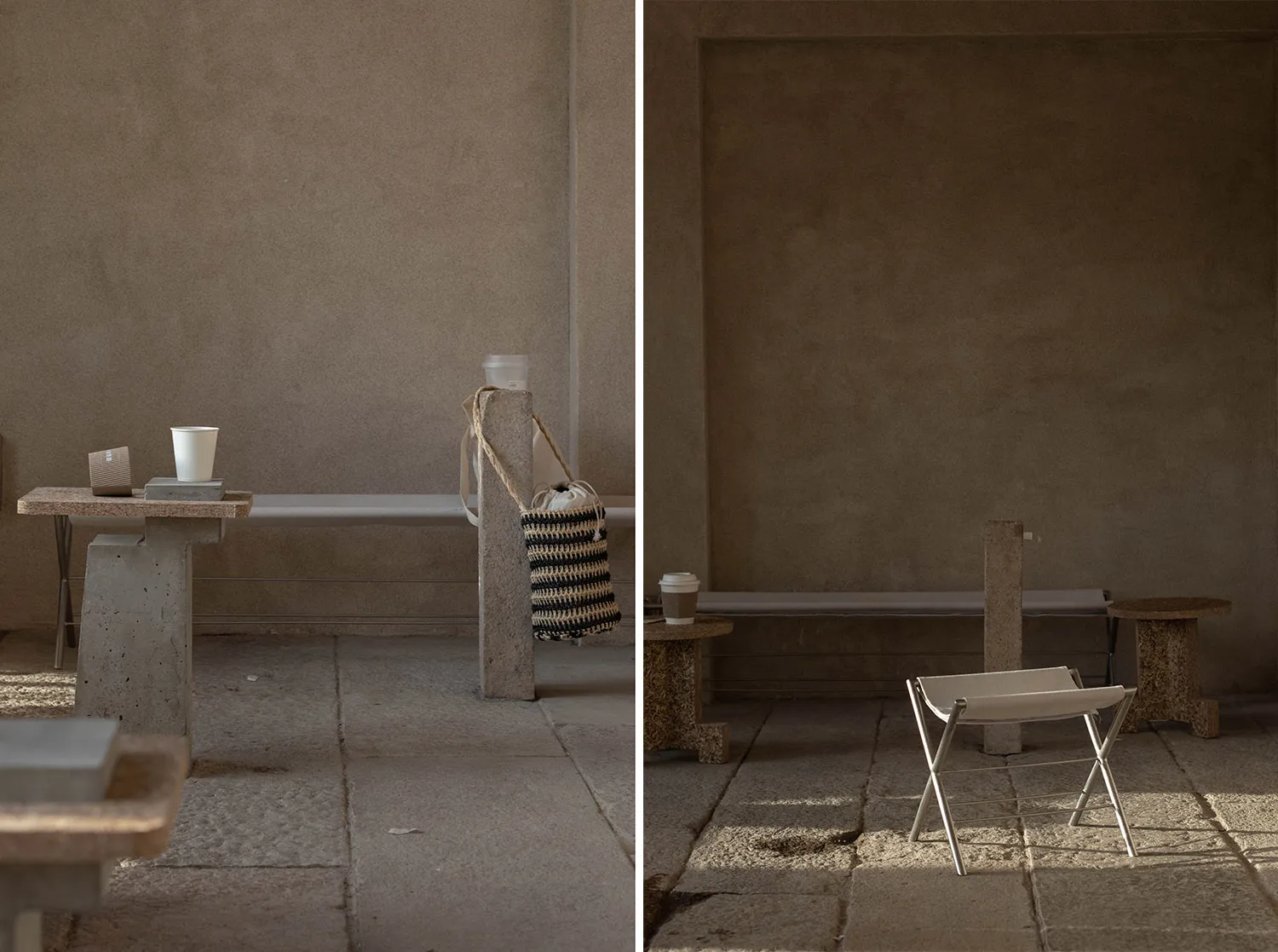 A restaurant interior with benches and a dining table, featuring various seating options and cups for serving drinks