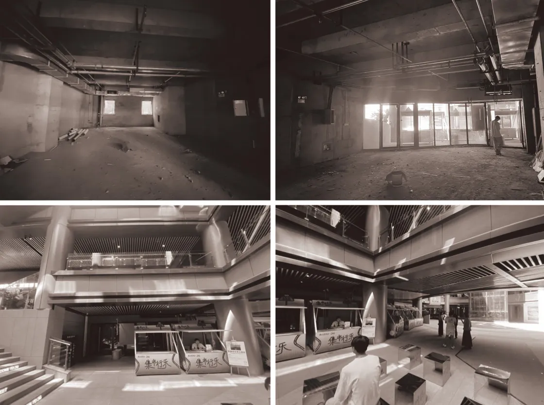 Dark and empty interior space with concrete walls and floors, captured from multiple angles