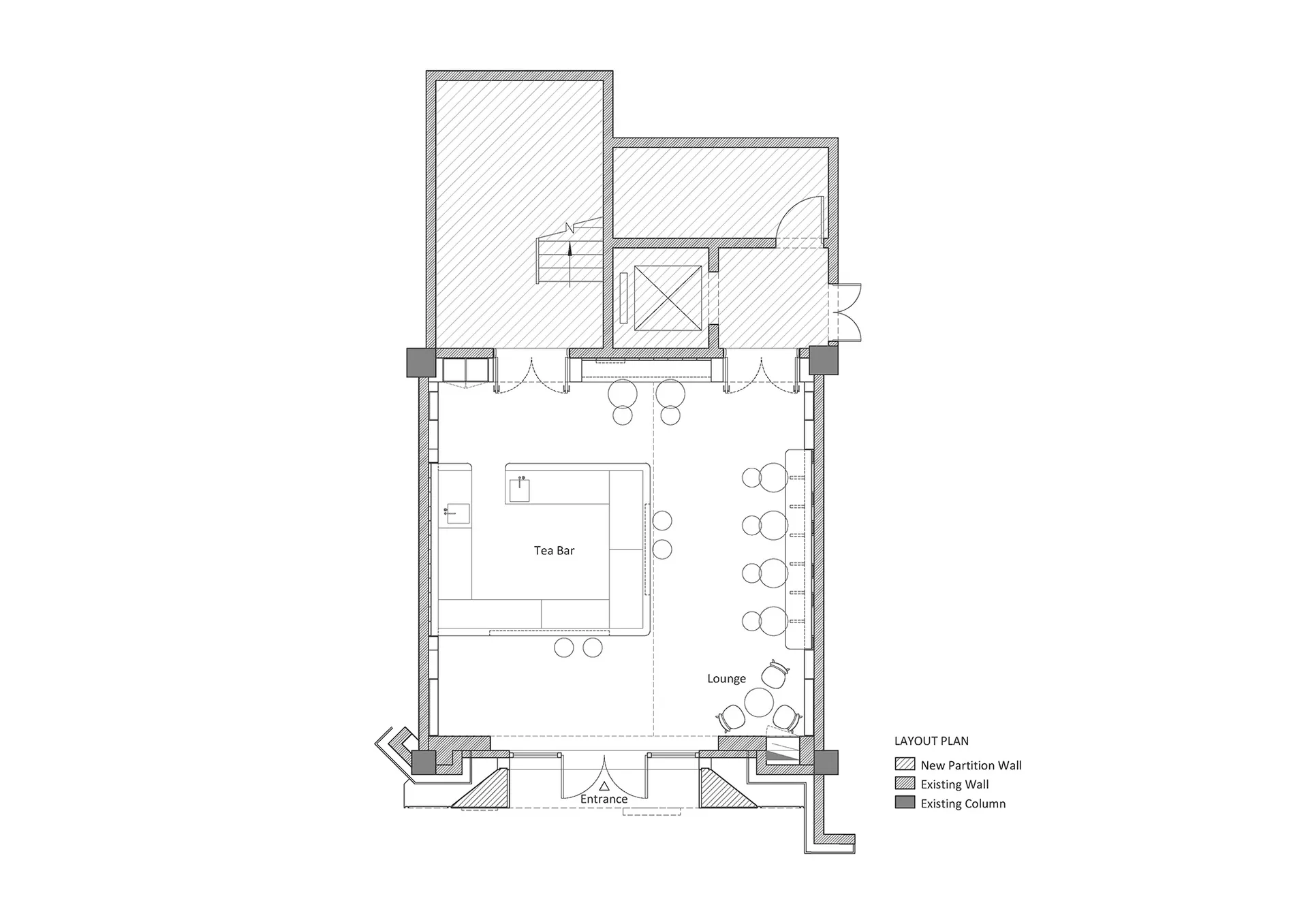 現代建築的黑白平面圖，包含休閒區、酒吧與餐廳，並標註清楚標示與尺寸