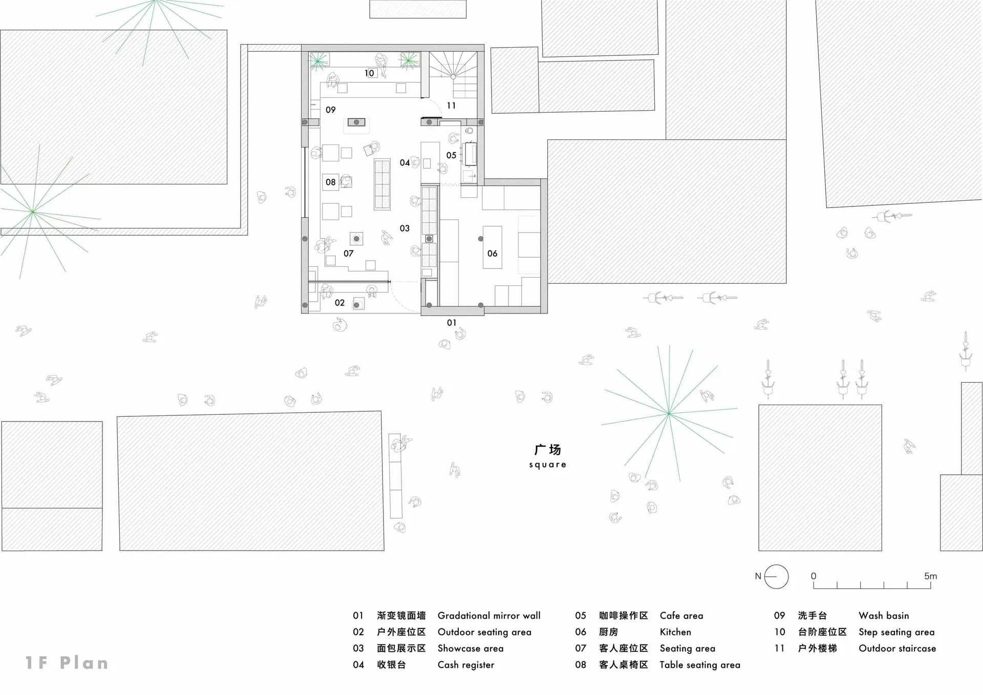 2D floor plan of a modern hotel with labeled rooms, seating areas, and tables, featuring a mix of English and Chinese text