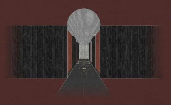 A modern hallway with a black background, featuring two doors and a dramatic atmosphere