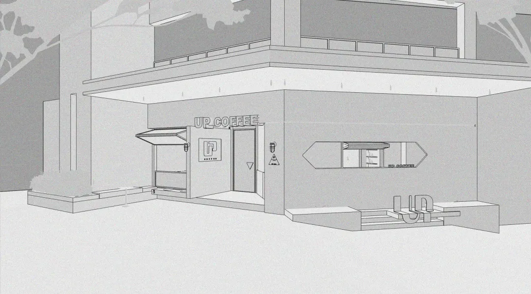A modern coffee shop with a gray exterior, featuring a large window, outdoor benches, and a dining table, creating an inviting atmosphere