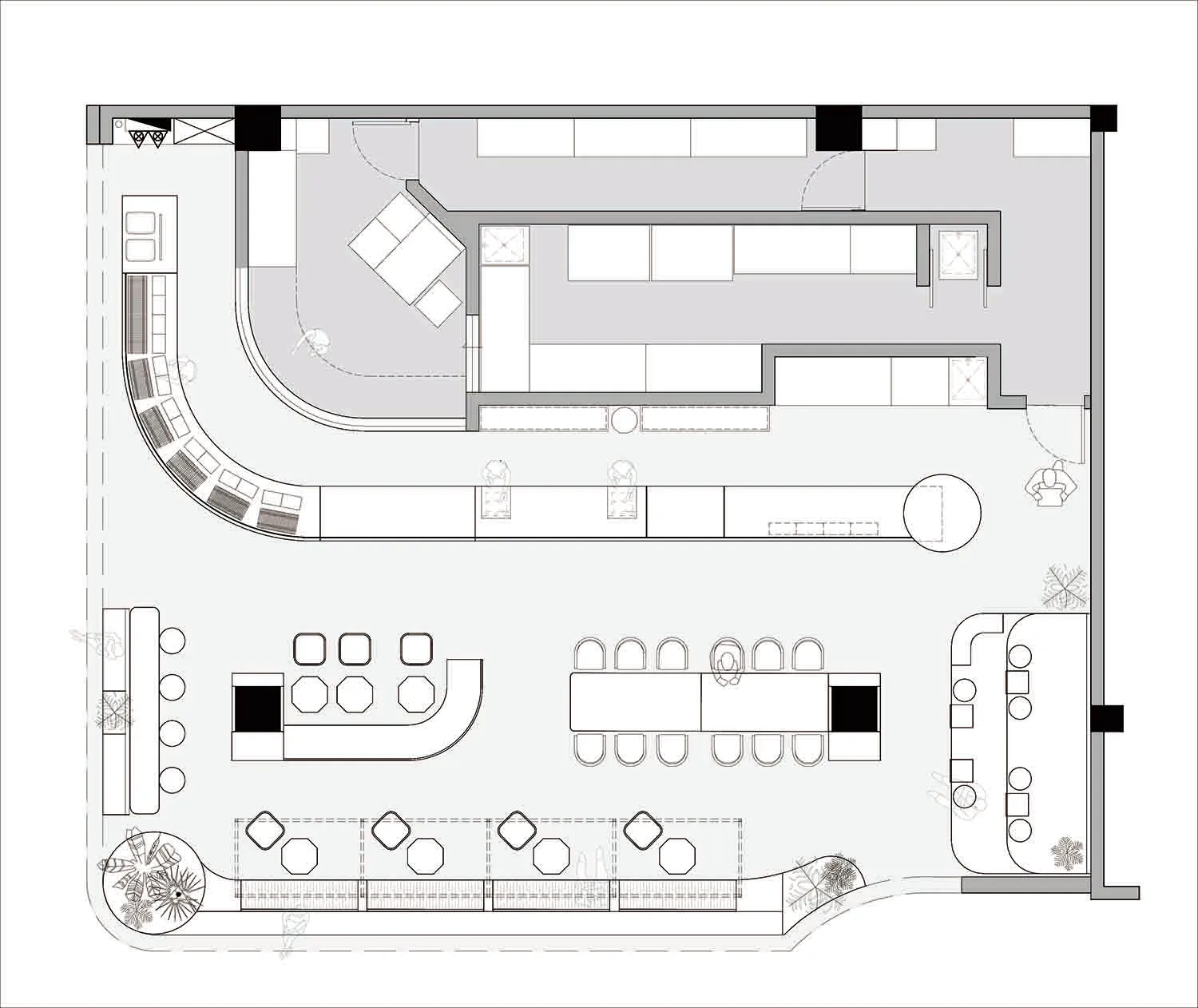A floor plan of a large interior space with multiple dining tables, chairs, couches, and benches, surrounded by potted plants and featuring a spacious and inviting atmosphere