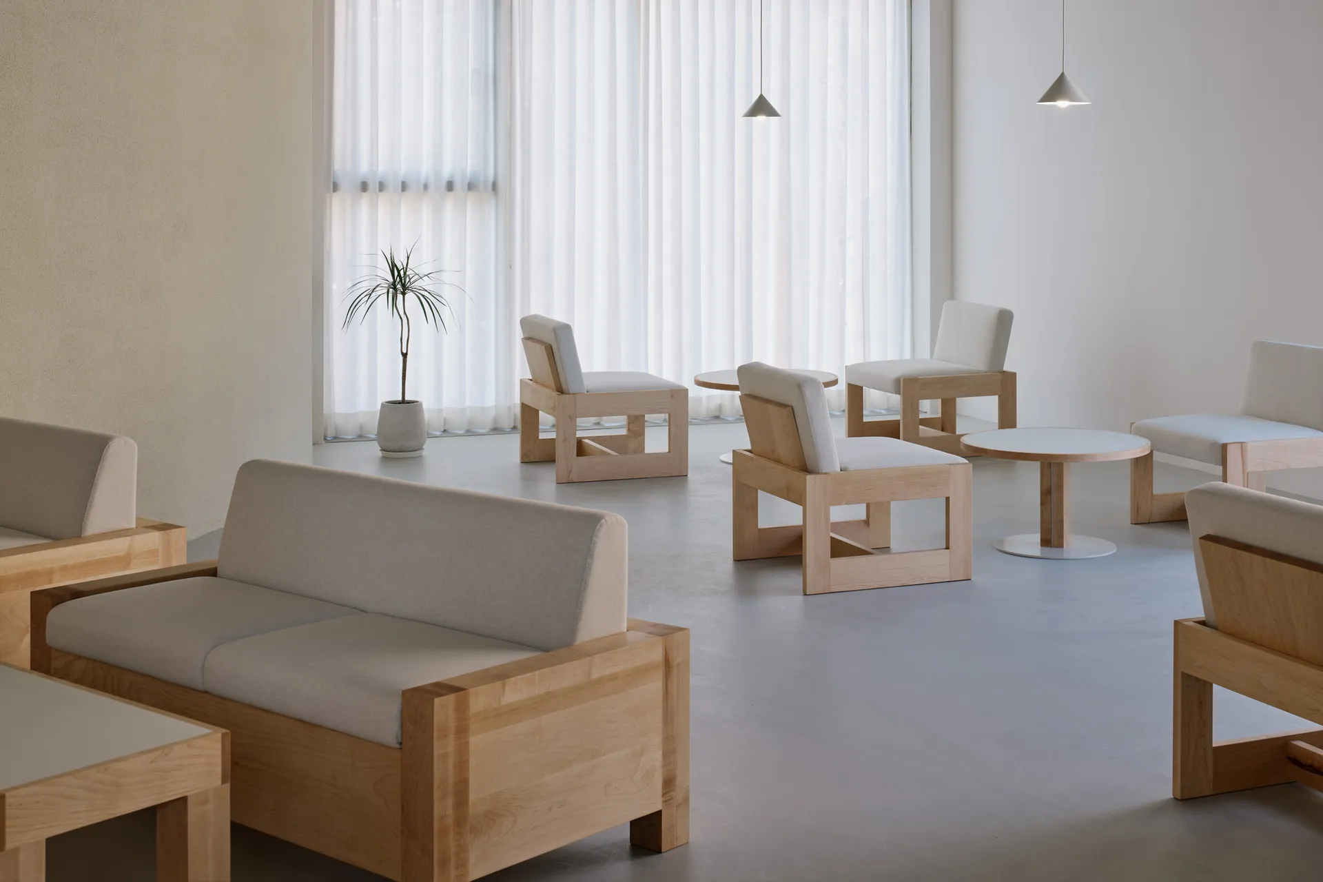 Empty minimalist room with a white couch, chairs, and a potted plant, featuring a clean and minimalistic atmosphere