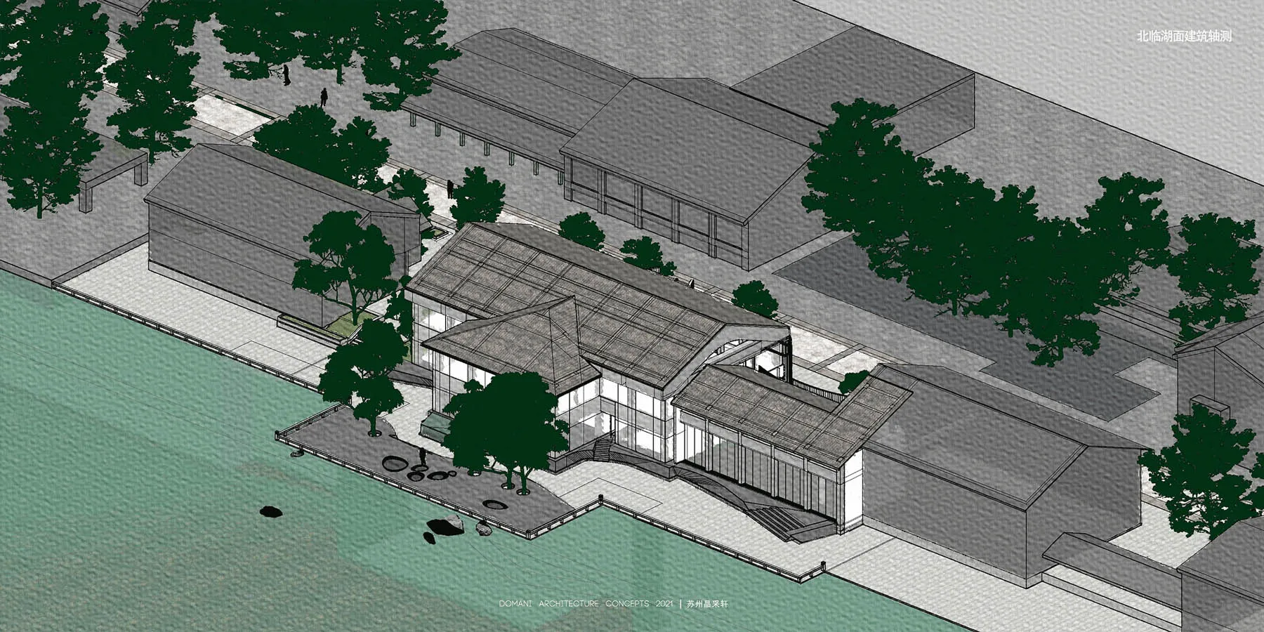 Modern house near water with large windows, smaller windows, and a peaceful atmosphere