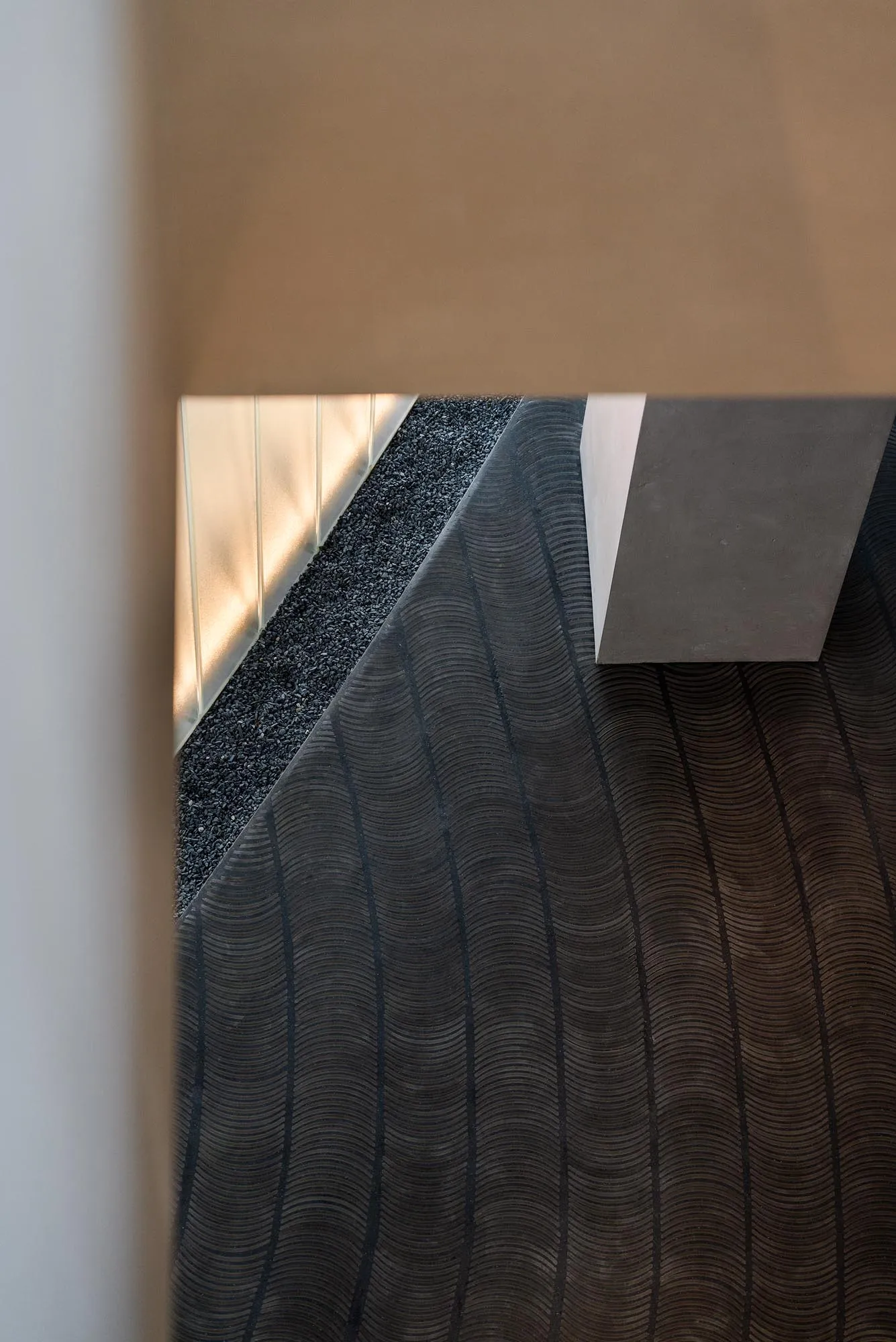 Carpeted room with a black and white design, wool carpet, and modern interior design