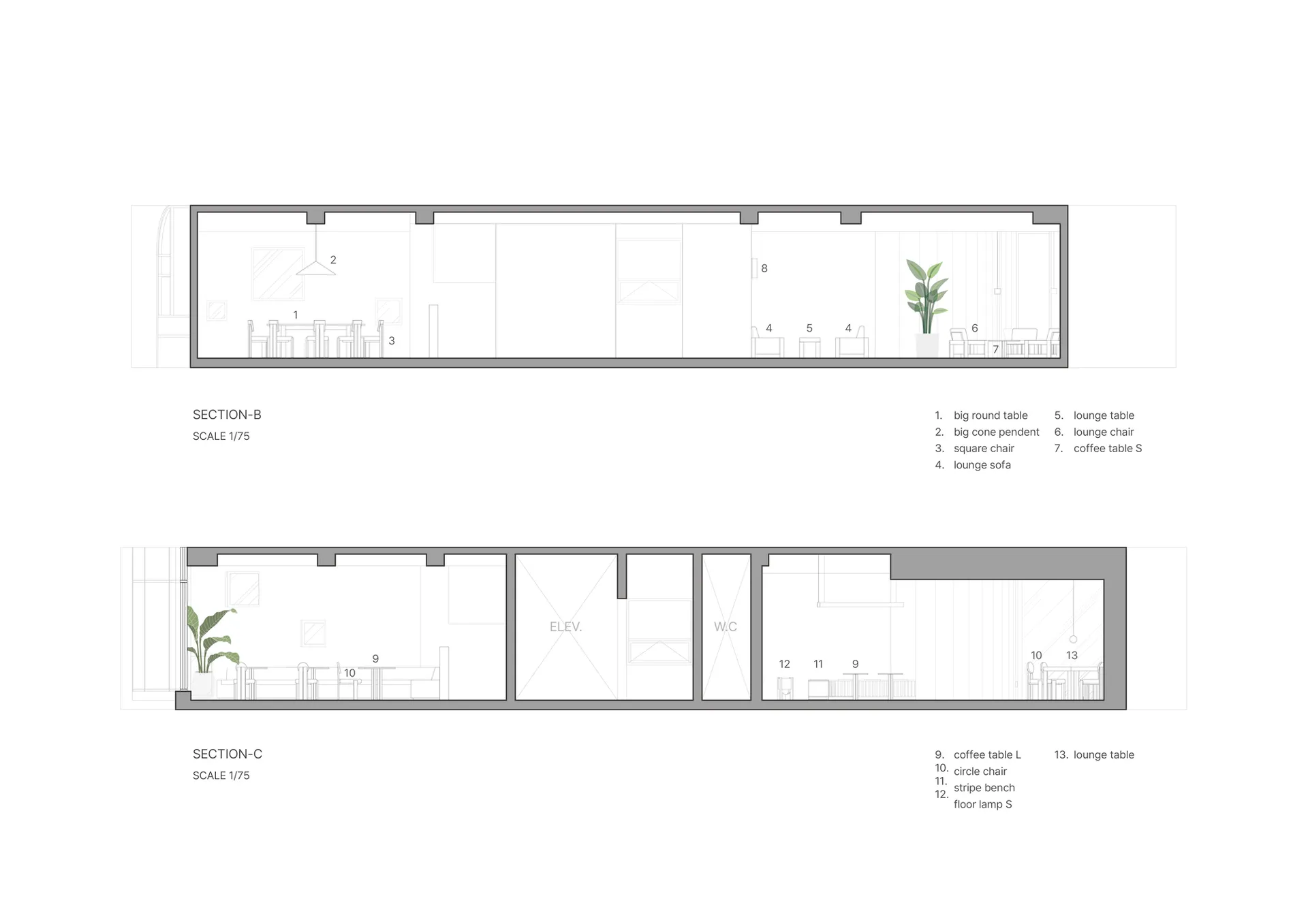 Architectural drawing of a restaurant interior with a kitchen, dining area, and bar, featuring textual information and diagrams, well-lit with natural light