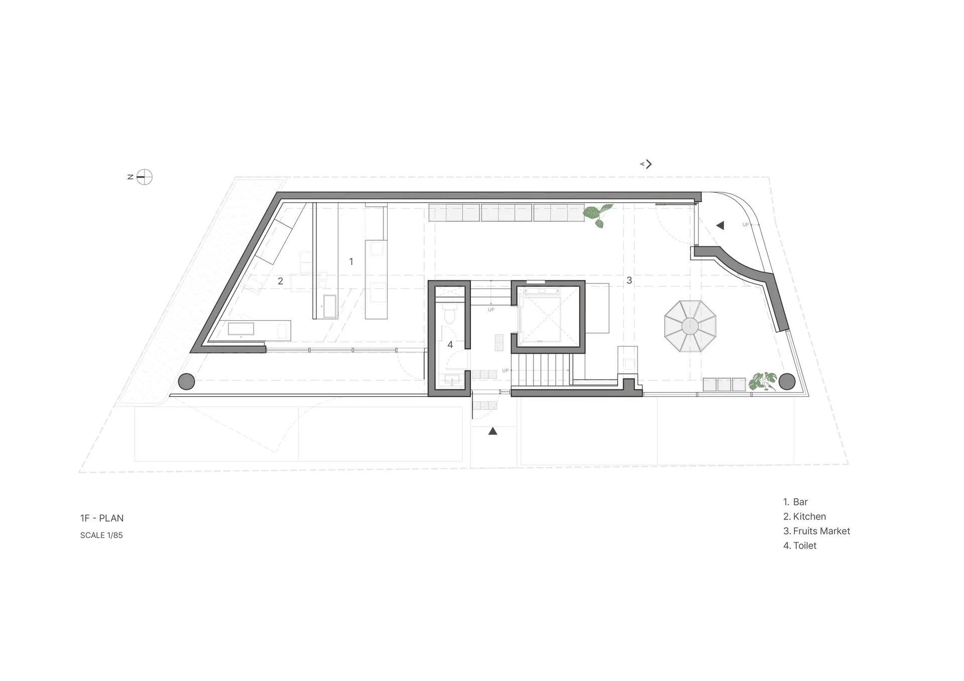 Top-down view of a modern home with open and enclosed areas, neutral colors, and highlighted lighting