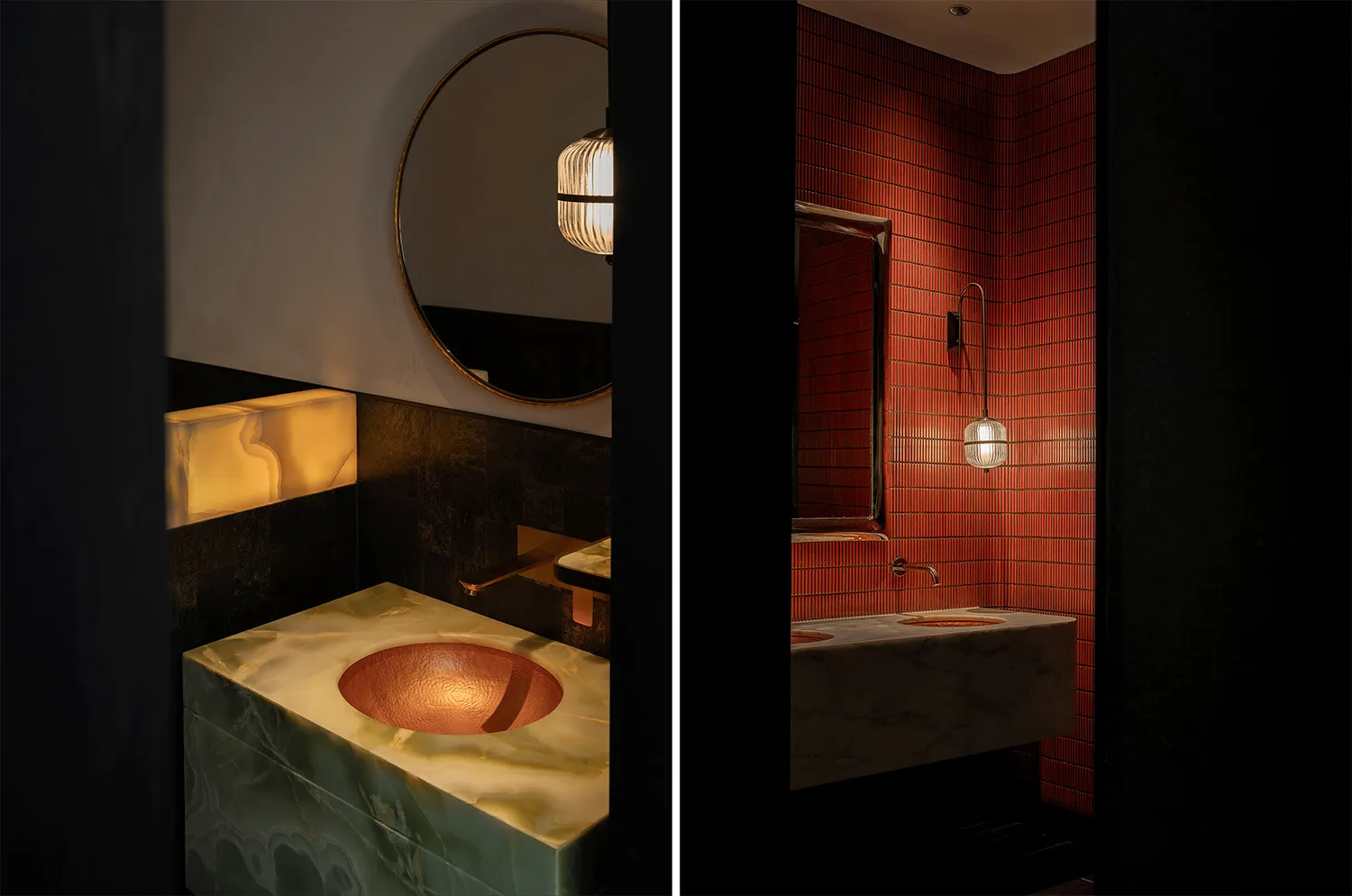 A bathroom with two sinks, two mirrors, and multiple lights in a modern setting