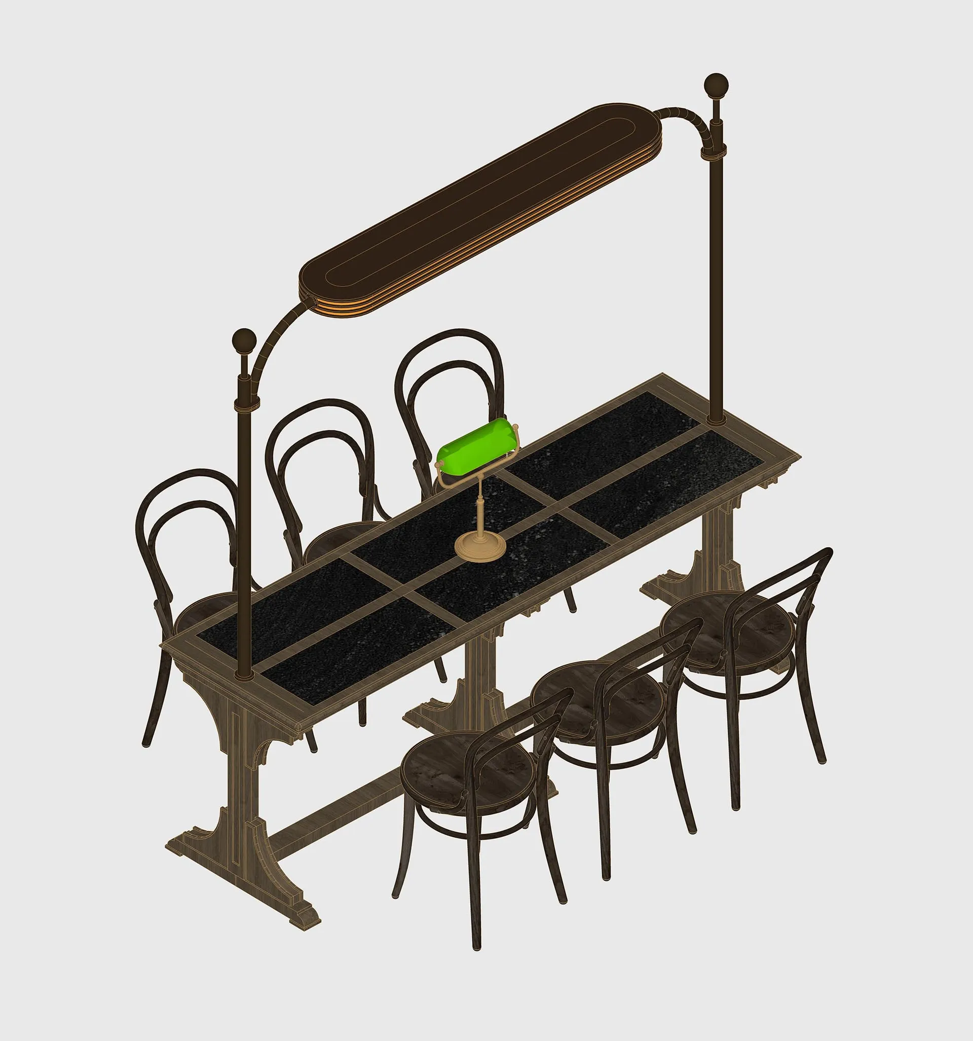 Black and white floor plan of an outdoor bar area with a dining table and four chairs