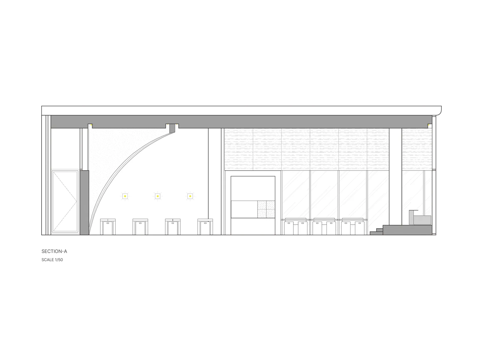 A modern commercial space with a large open area, dining area, kitchen, and chairs, suggesting a welcoming environment for visitors