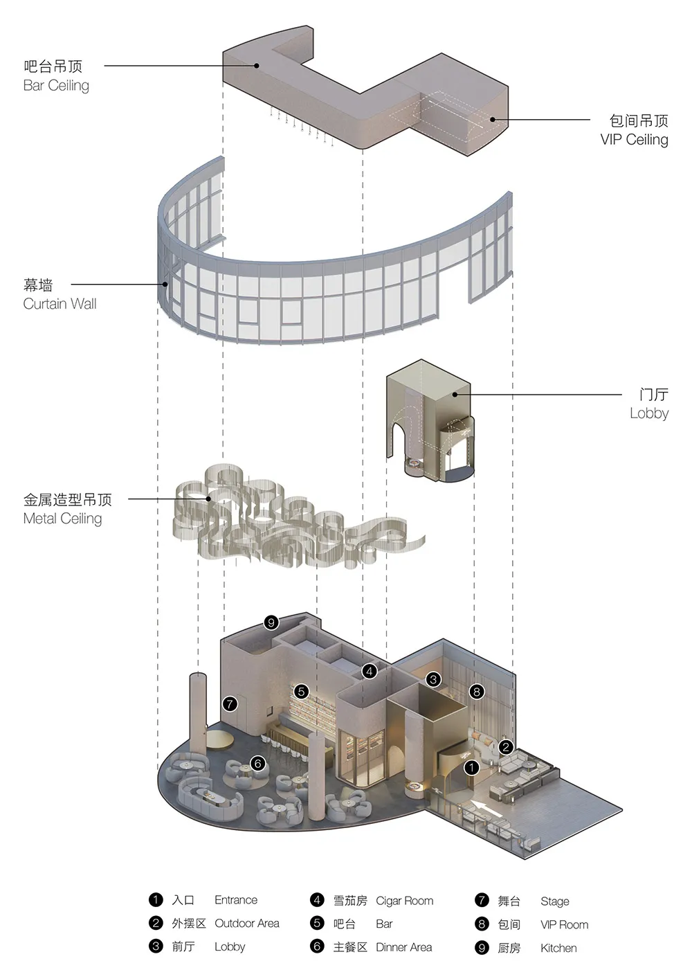 現代飯店大廳建築圖，具備帷幕牆、金屬天花板與玻璃隔間，包含多層空間與餐飲區